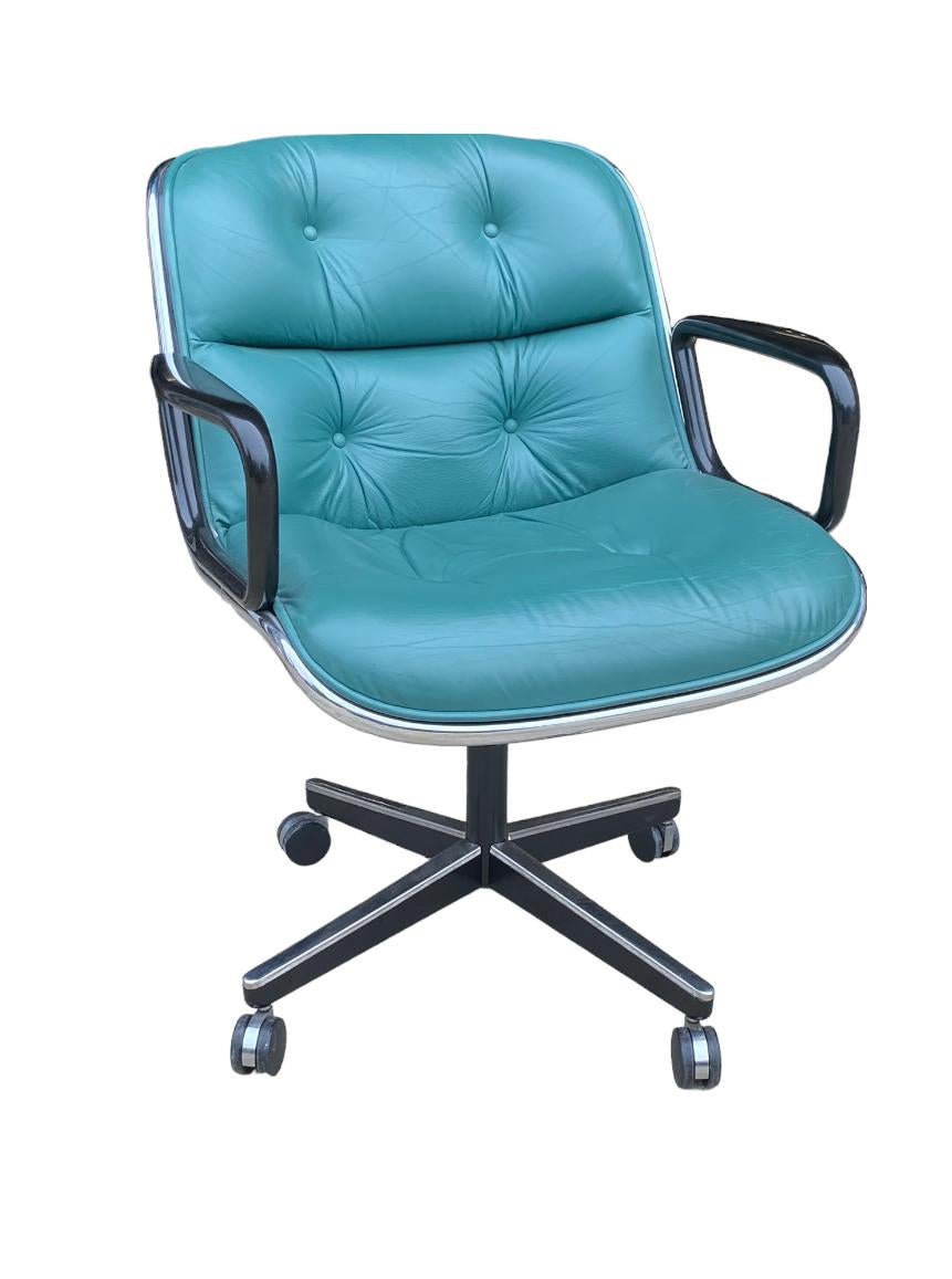 Mid-Century Modern Rare Teal Charles Pollock for Knoll Leather Office Chair