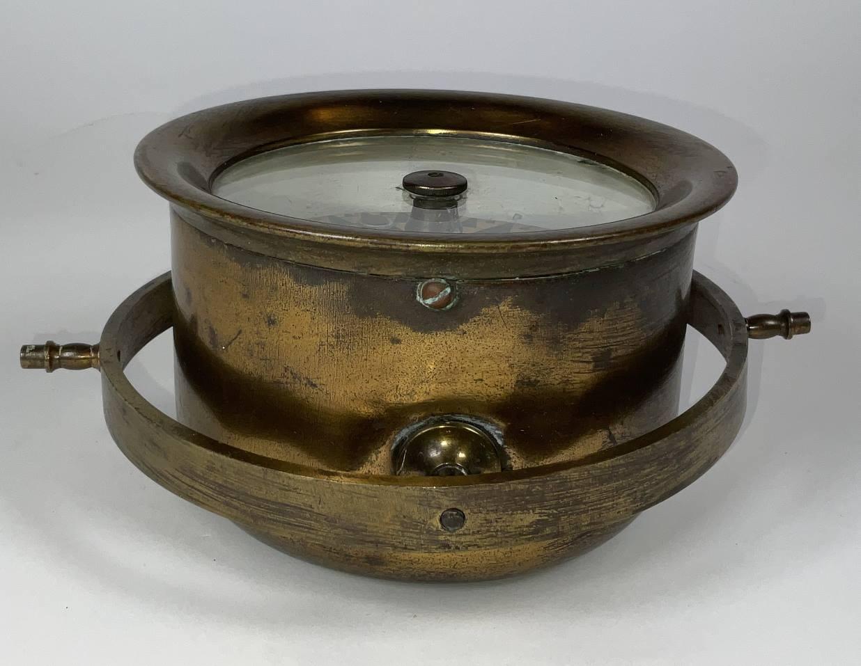 Ship captains telltale ships compass on gimbal. Dry card compass by Van Der Voort, 34 Brewers Canal, Antwerp. In old lacquer. Said to be from the three masted bark St. Catherine built at Bath Maine in 1890. 4