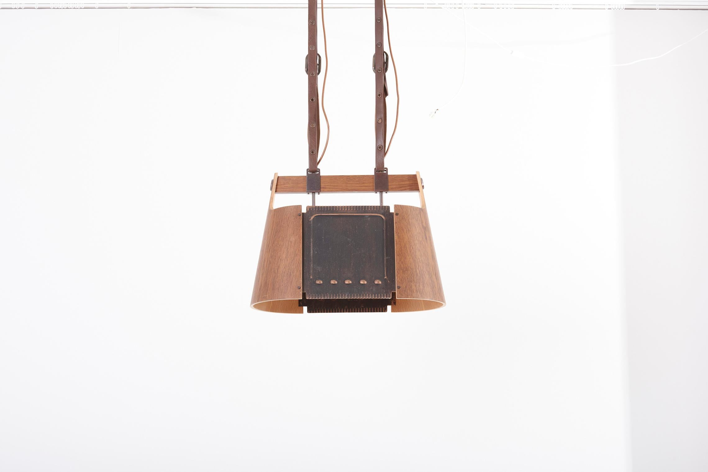 Mid-Century Modern Rare Temde Pendant Lamp in Plywood, Leather and Metal, Switzerland, 1950s