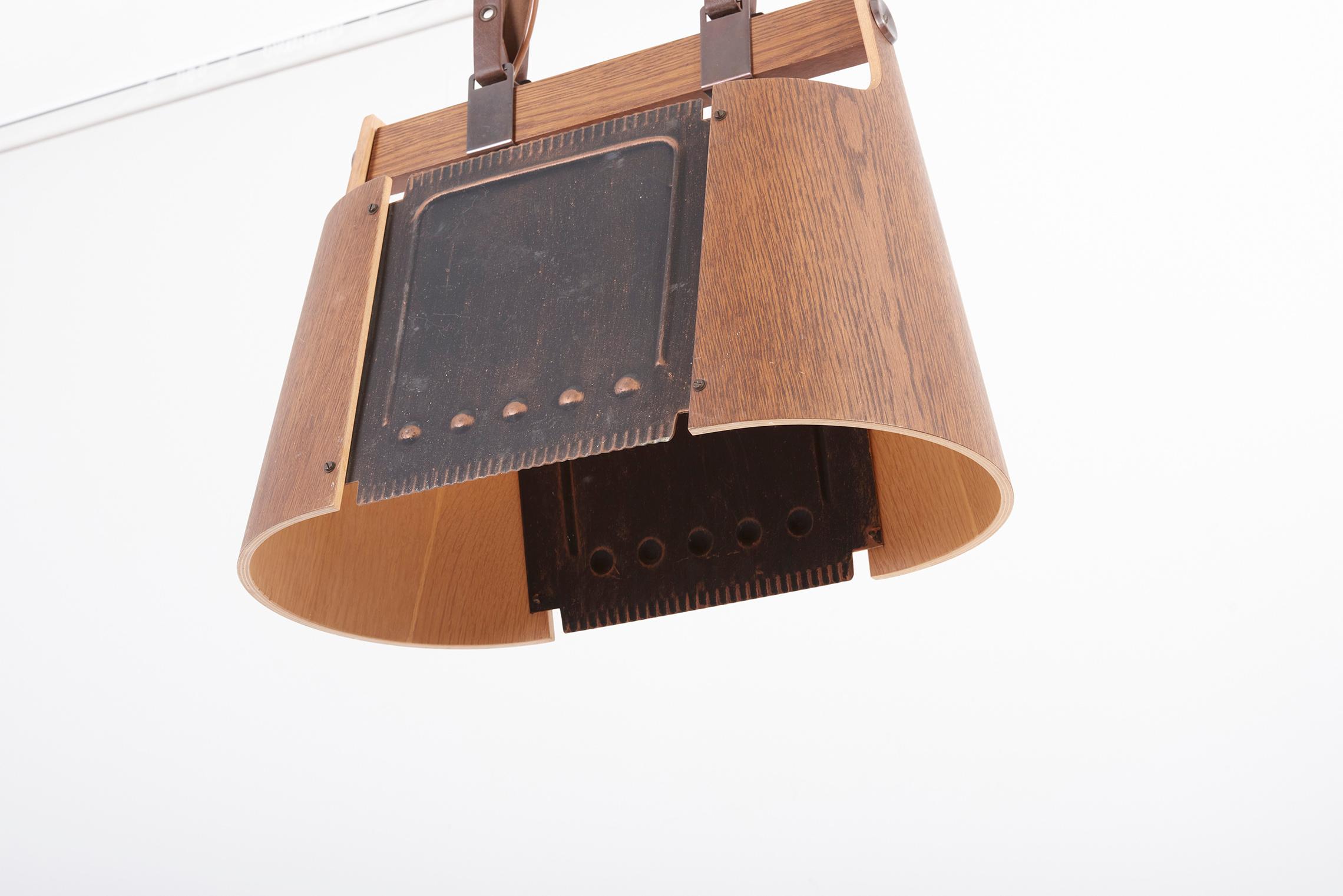 Swiss Rare Temde Pendant Lamp in Plywood, Leather and Metal, Switzerland, 1950s