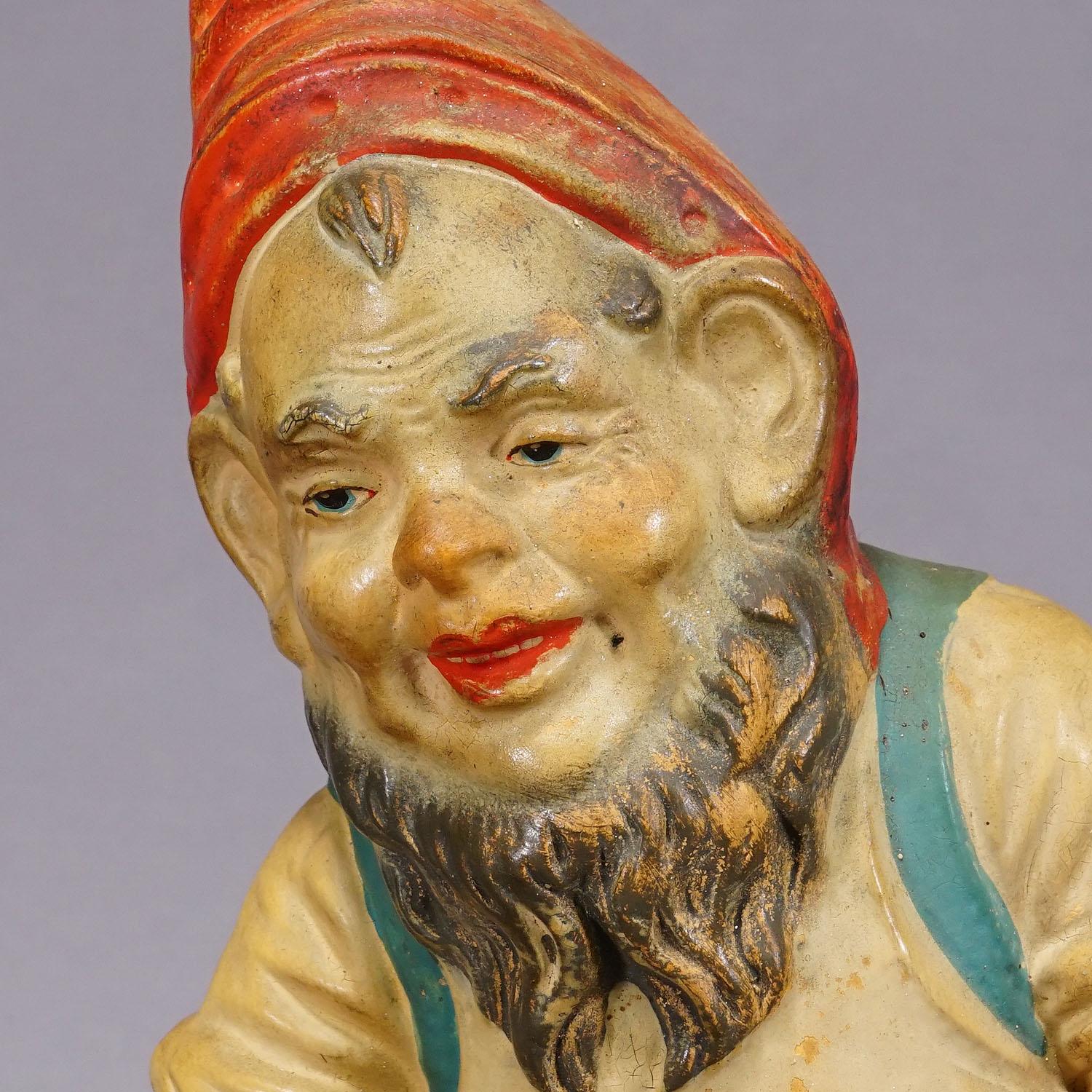 Victorian Rare Terracotta Garden Gnome with Pig, Germany ca. 1920s For Sale