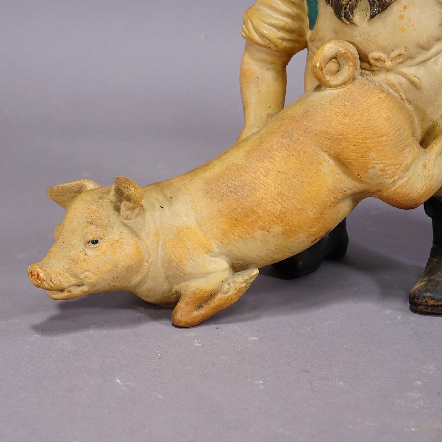 Rare Terracotta Garden Gnome with Pig, Germany ca. 1920s In Good Condition For Sale In Berghuelen, DE
