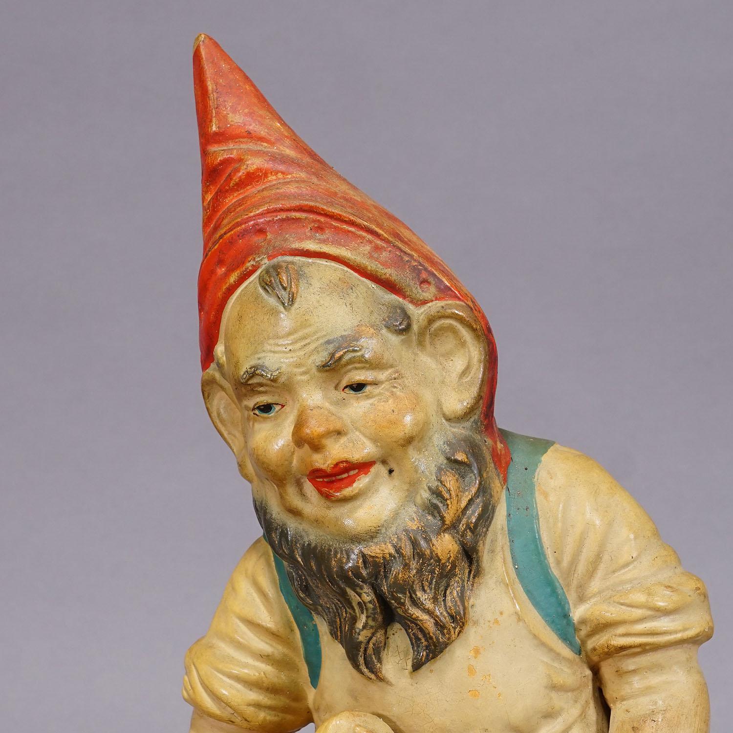 20th Century Rare Terracotta Garden Gnome with Pig, Germany ca. 1920s For Sale