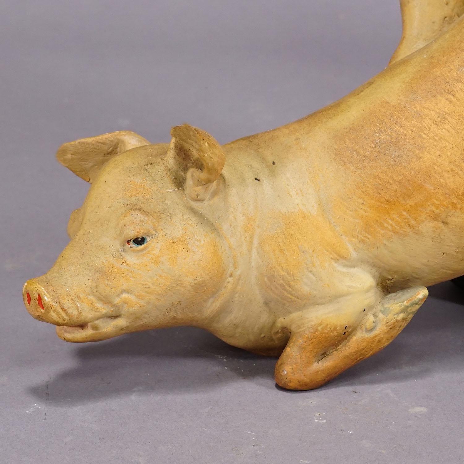 Rare Terracotta Garden Gnome with Pig, Germany ca. 1920s For Sale 1