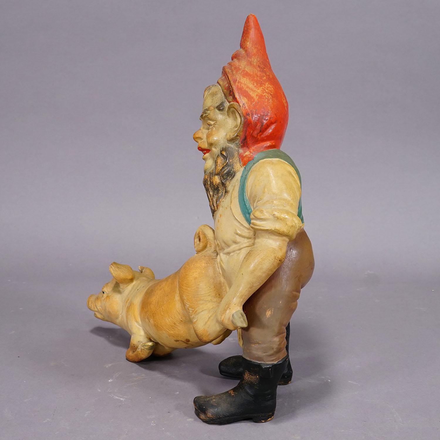 Rare Terracotta Garden Gnome with Pig, Germany ca. 1920s For Sale 2