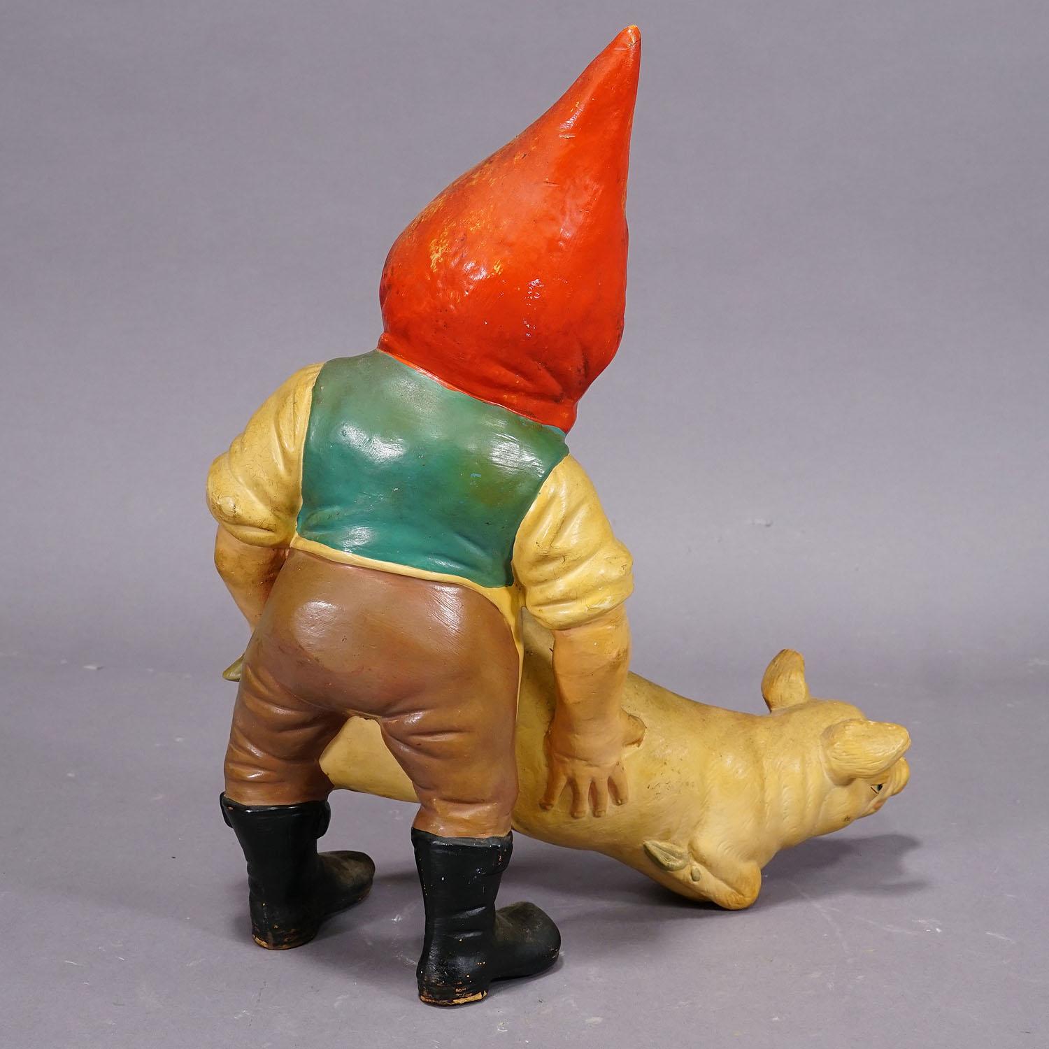 Rare Terracotta Garden Gnome with Pig, Germany ca. 1920s For Sale 3