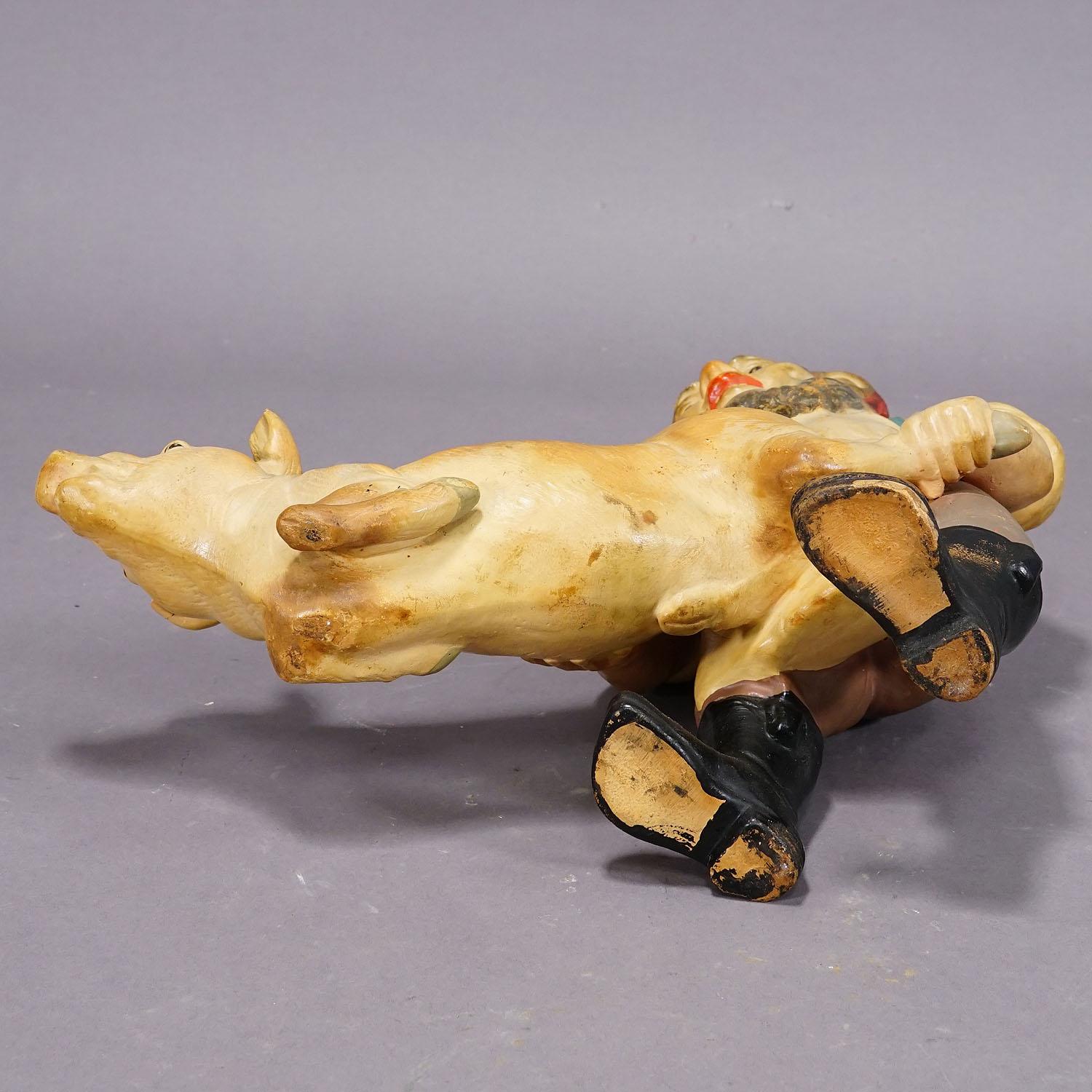 Rare Terracotta Garden Gnome with Pig, Germany ca. 1920s For Sale 4