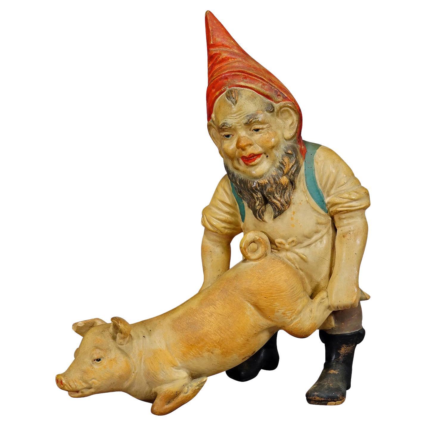 Rare Terracotta Garden Gnome with Pig, Germany ca. 1920s For Sale