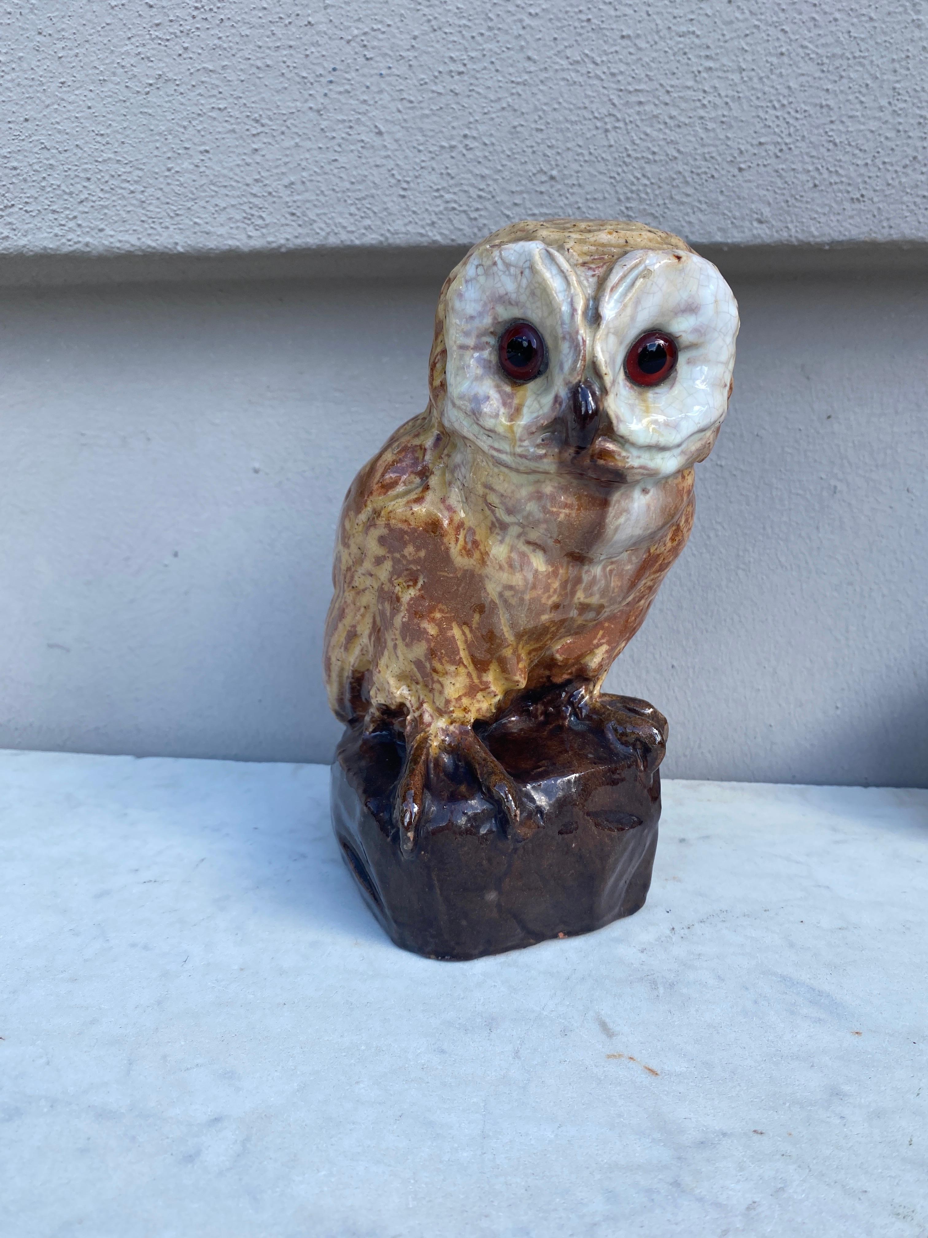 Rare Terracotta Majolica Owl signed Filmont Bavent Normandy.