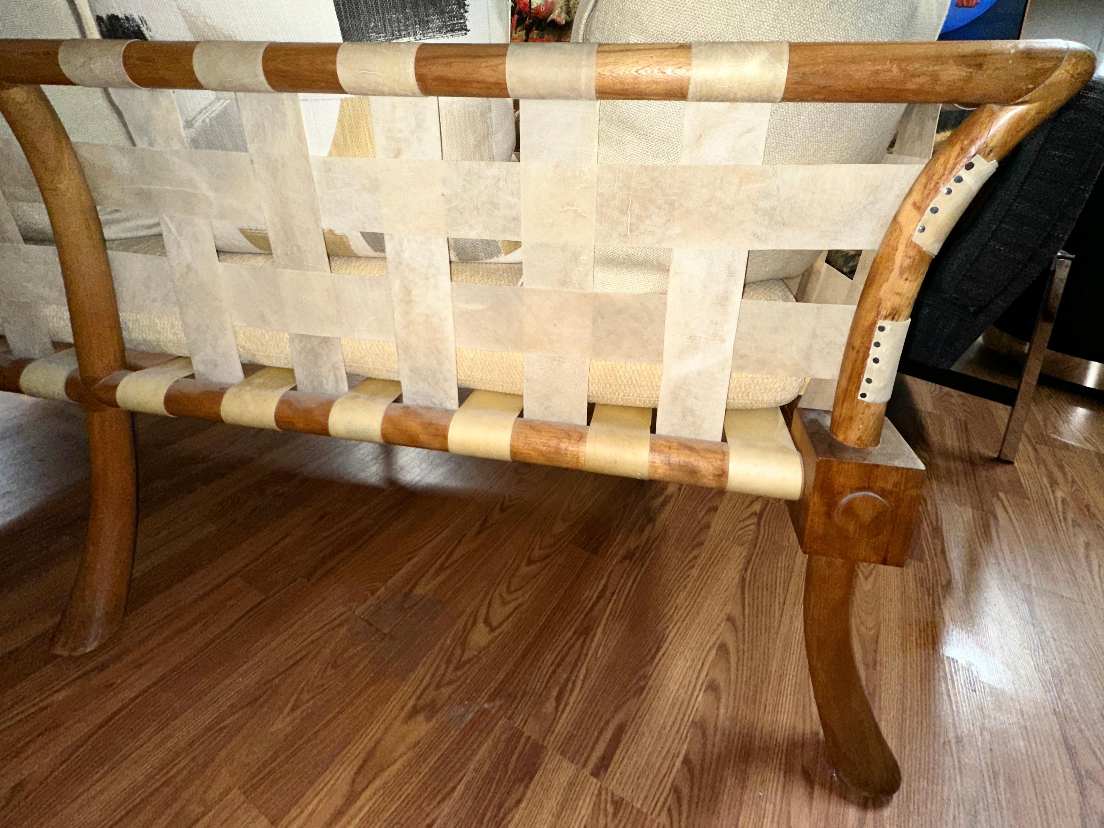 Rare T.H. Robsjohn Gibbings Bleached Walnut & Vellum Strap Sofa Settee For Sale 5