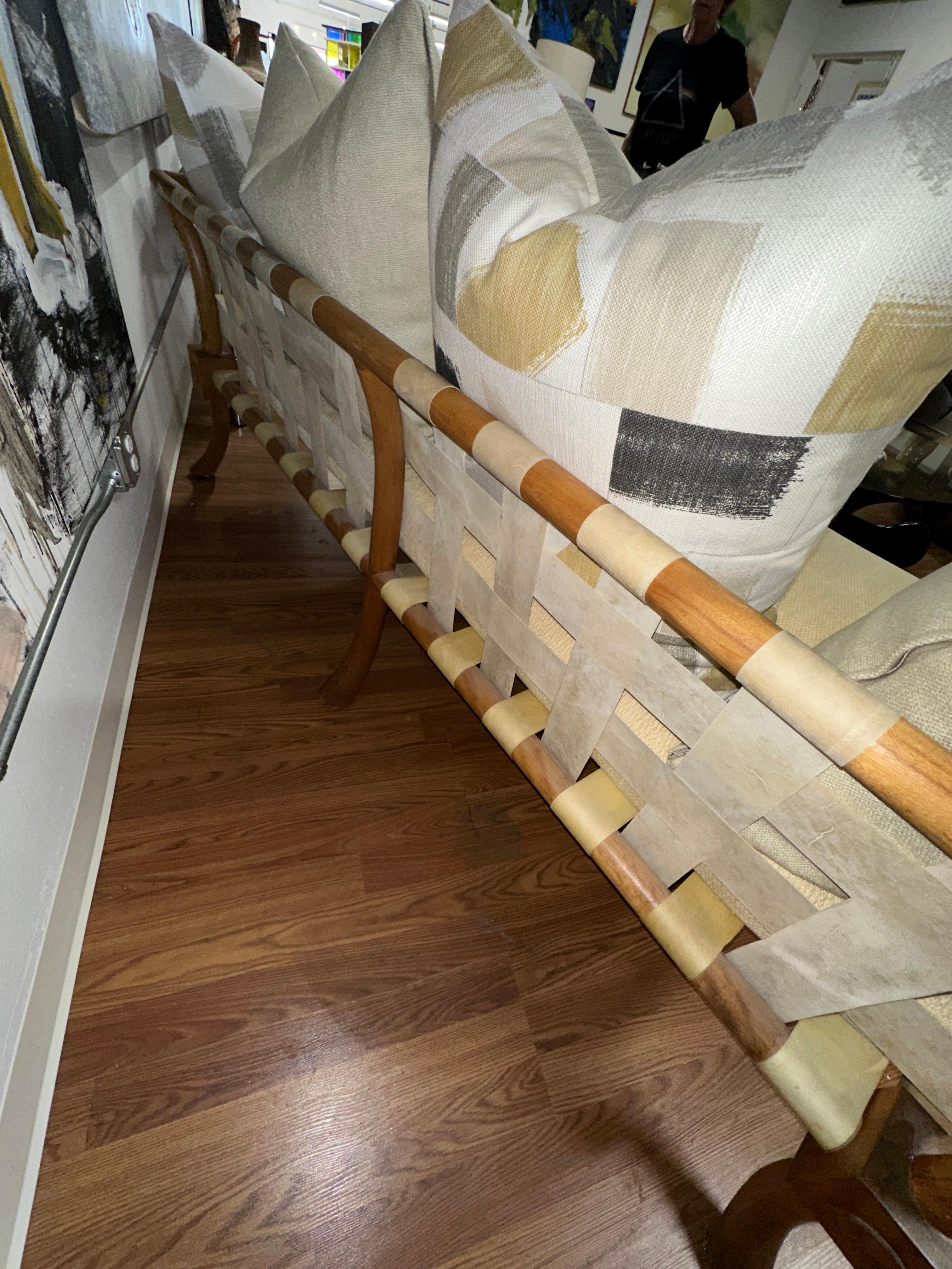Rare T.H. Robsjohn Gibbings Bleached Walnut & Vellum Strap Sofa Settee For Sale 6
