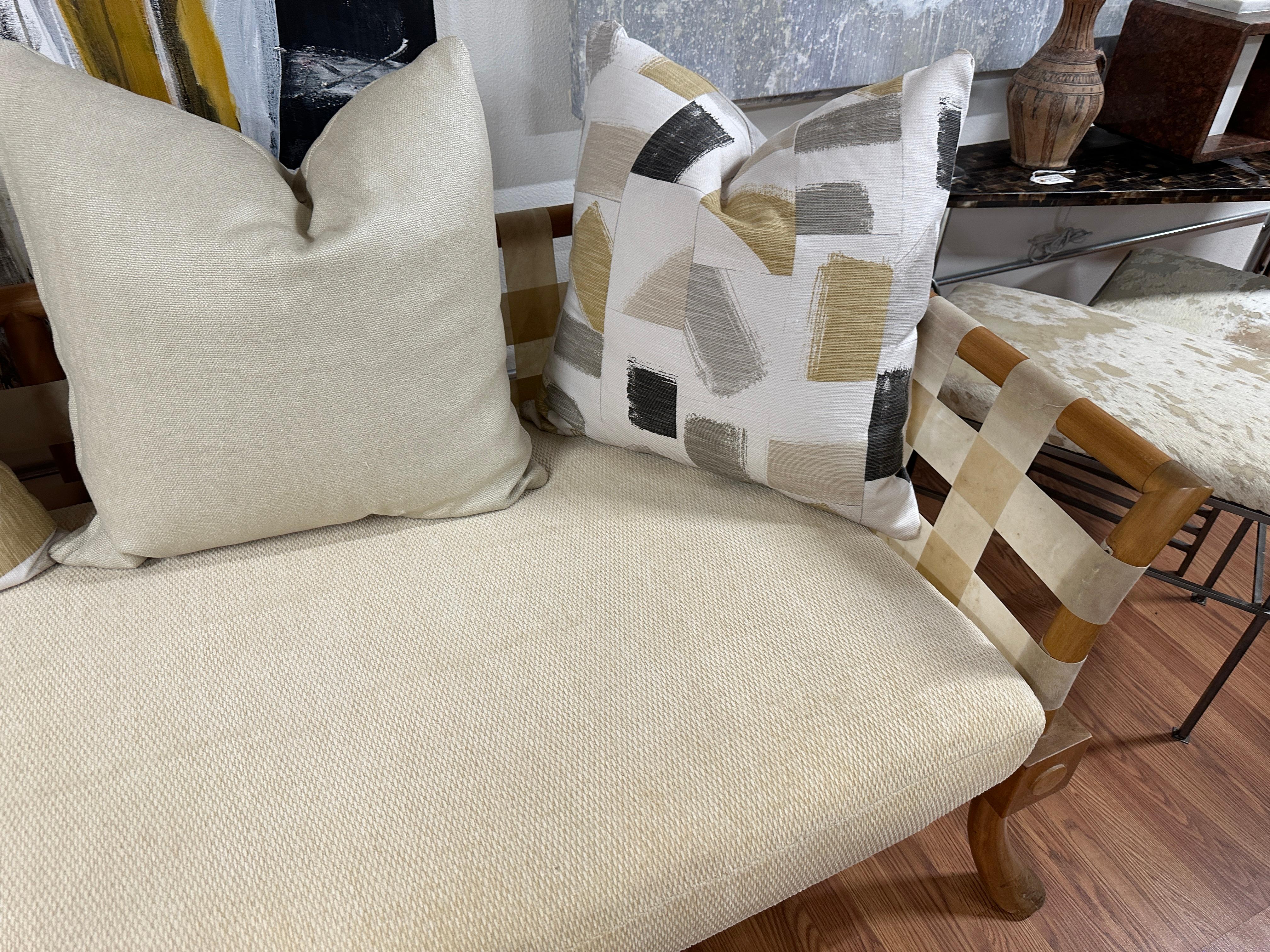 Rare T.H. Robsjohn Gibbings Bleached Walnut & Vellum Strap Sofa Settee For Sale 7