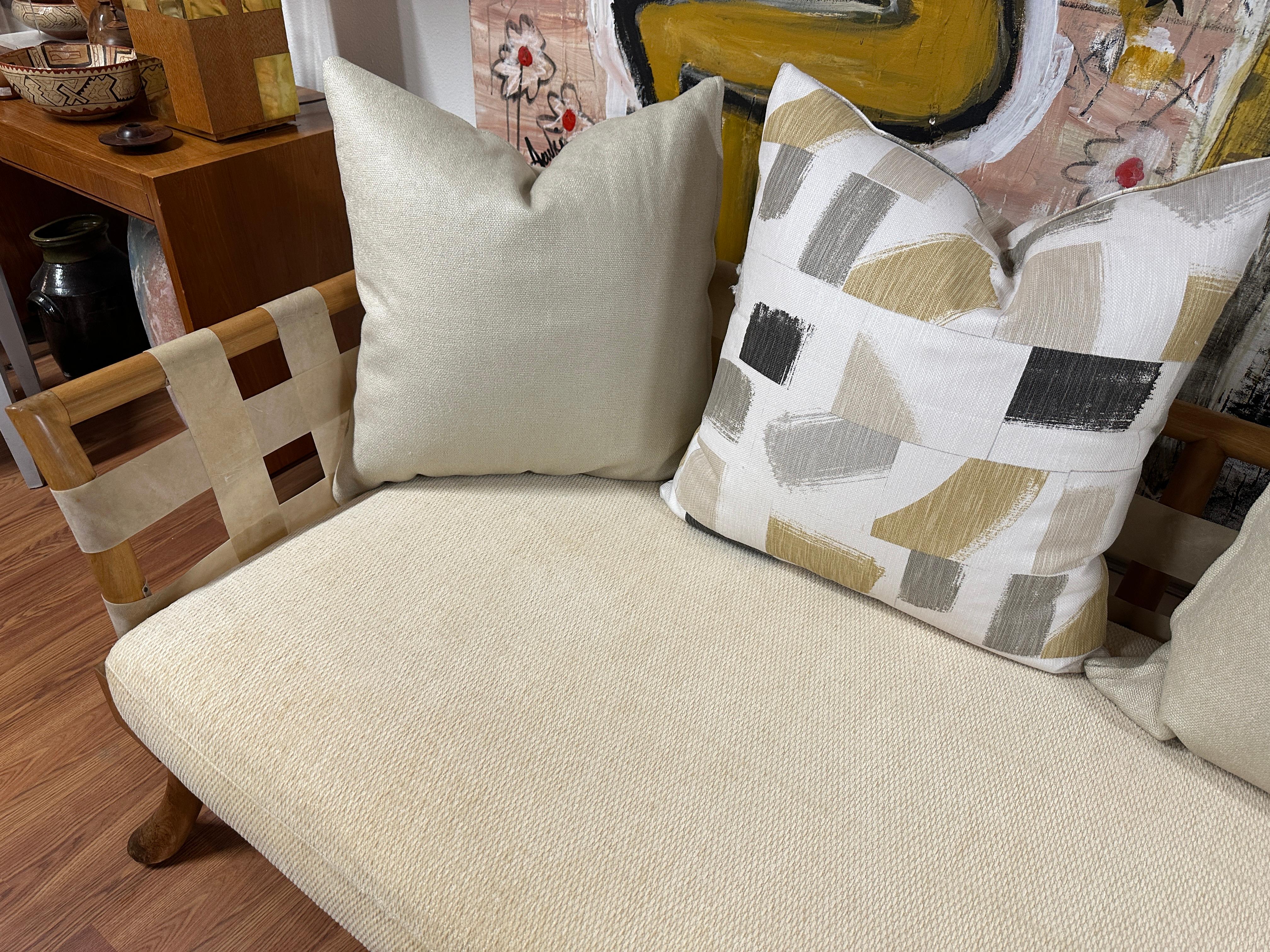 Rare T.H. Robsjohn Gibbings Bleached Walnut & Vellum Strap Sofa Settee For Sale 8