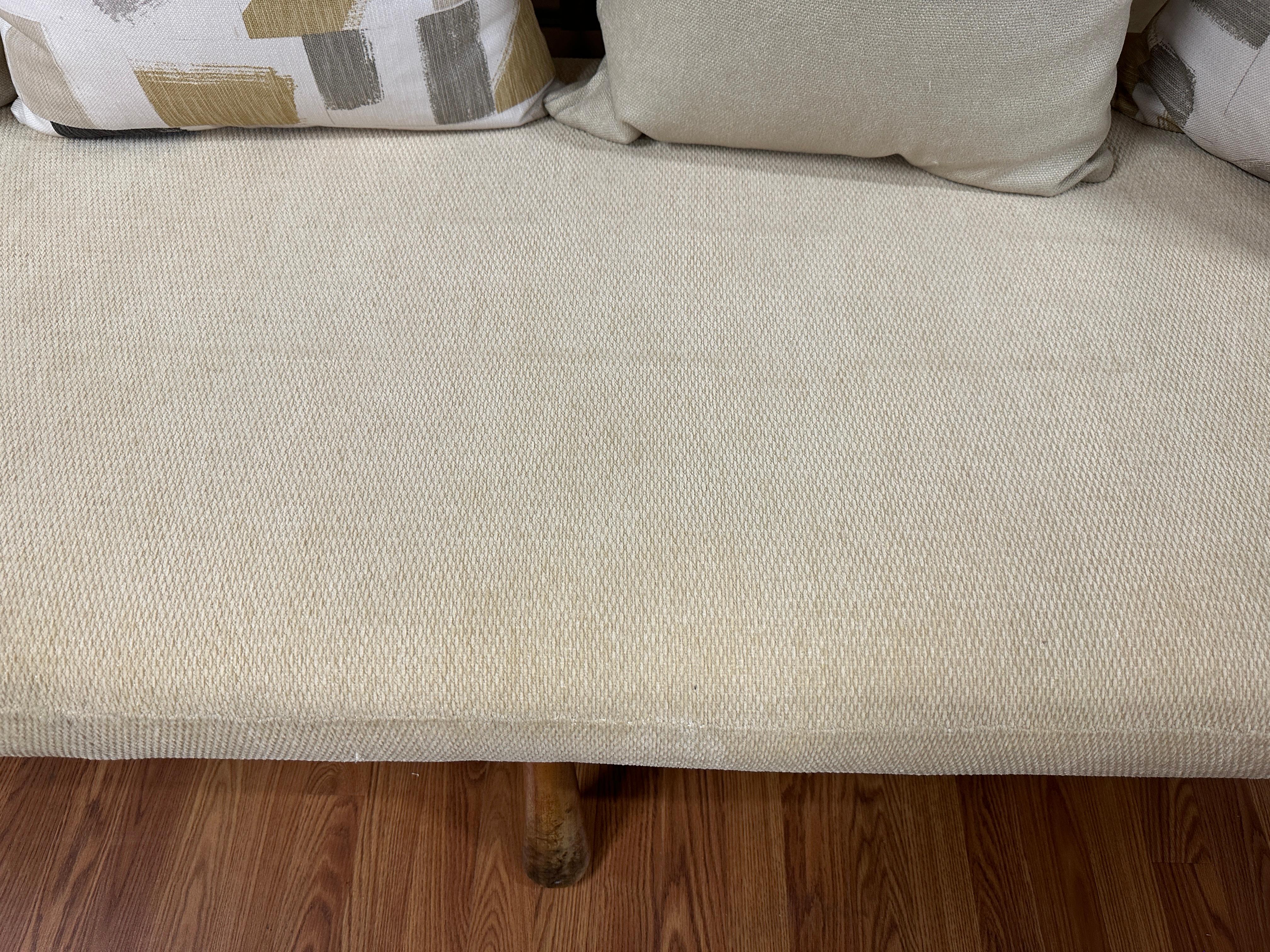 Rare T.H. Robsjohn Gibbings Bleached Walnut & Vellum Strap Sofa Settee For Sale 9