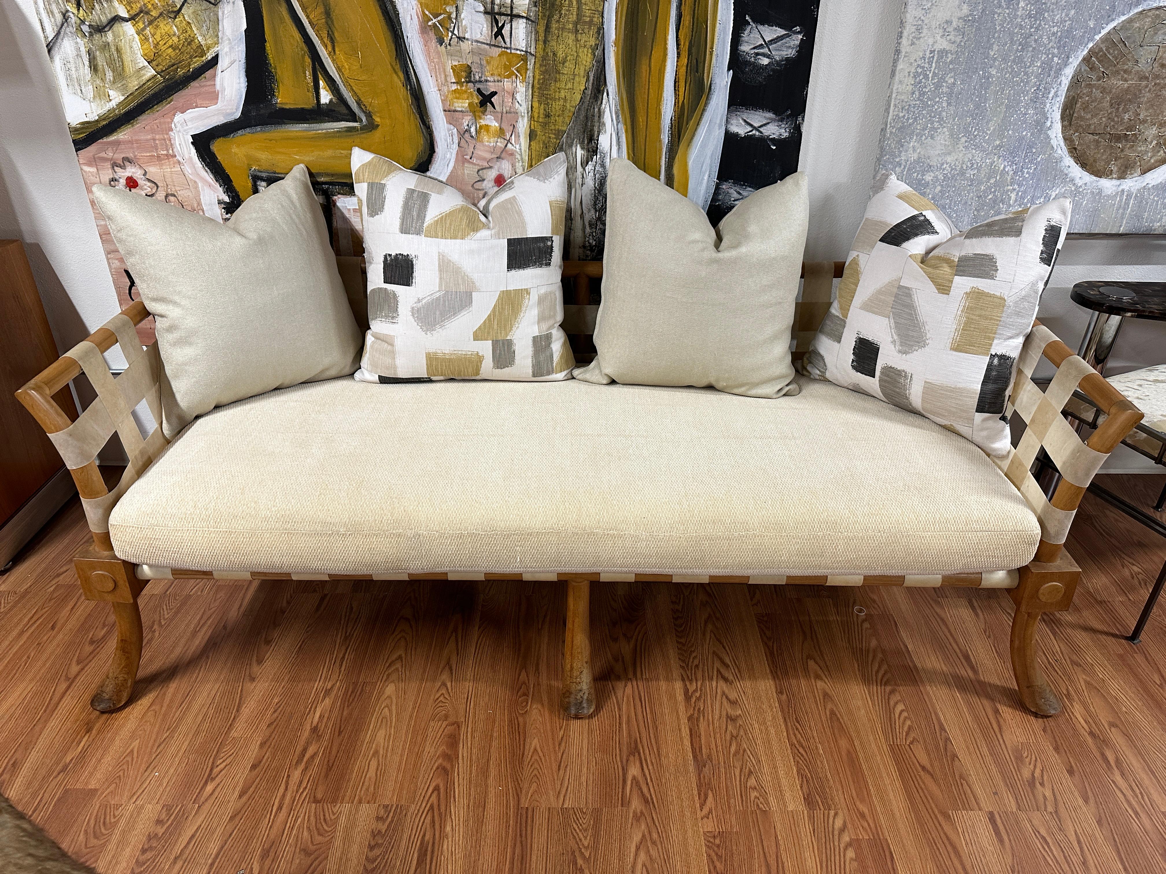 Rare T.H. Robsjohn Gibbings Bleached Walnut & Vellum Strap Sofa Settee For Sale 11