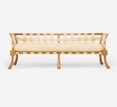 Raro T.H. Robsjohn Gibbings Sofá Settee de nogal blanqueado y correa de vitela