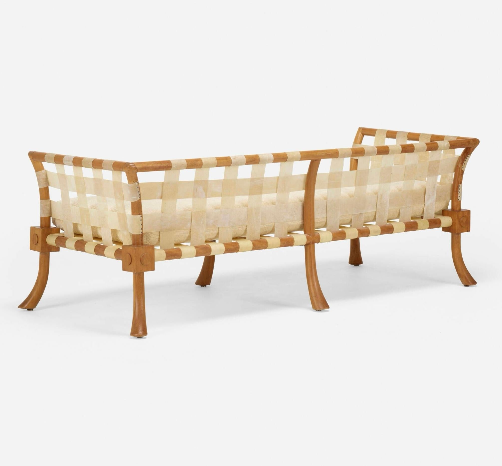 British Rare T.H. Robsjohn Gibbings Bleached Walnut & Vellum Strap Sofa Settee For Sale