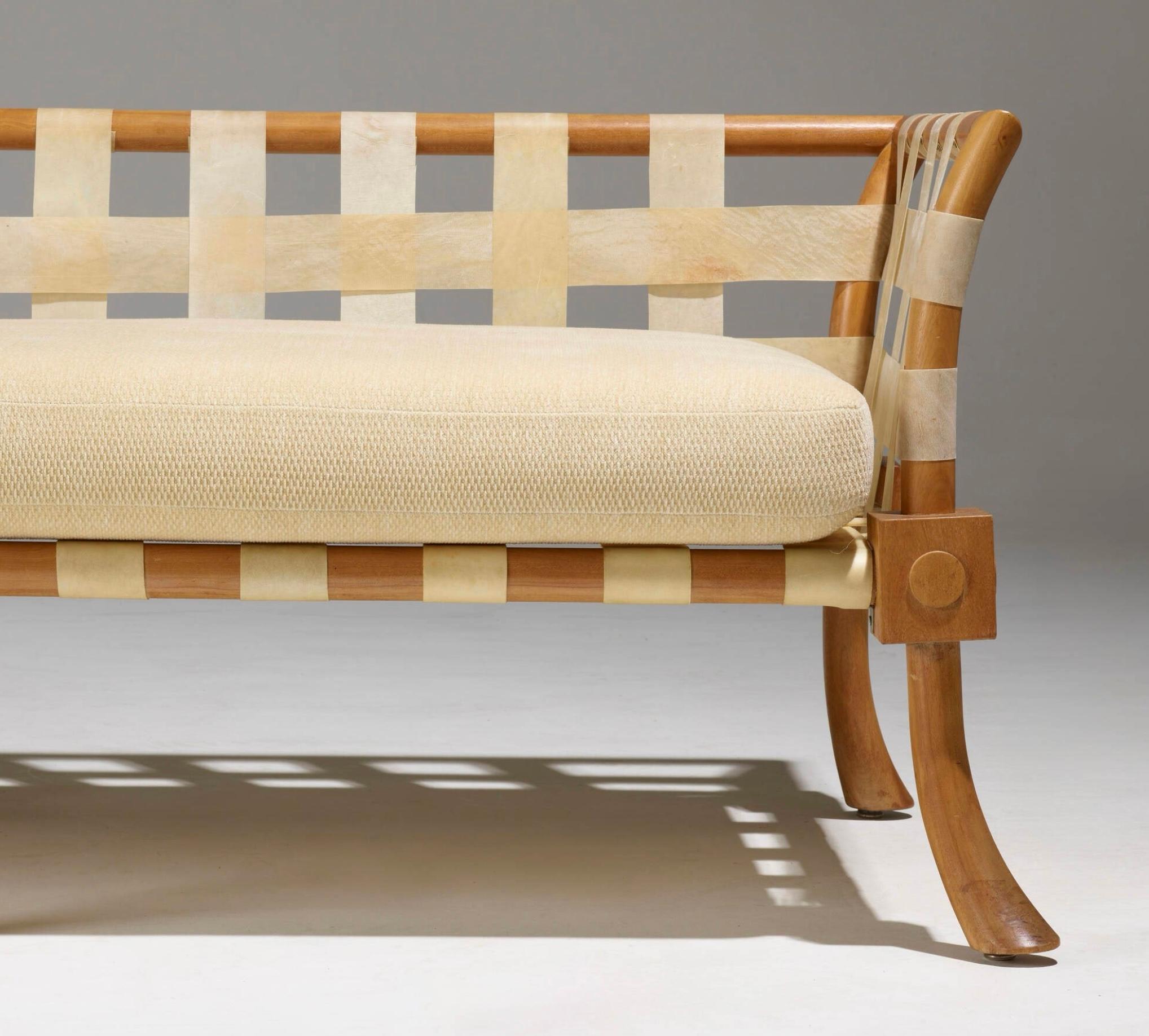 Hand-Crafted Rare T.H. Robsjohn Gibbings Bleached Walnut & Vellum Strap Sofa Settee For Sale