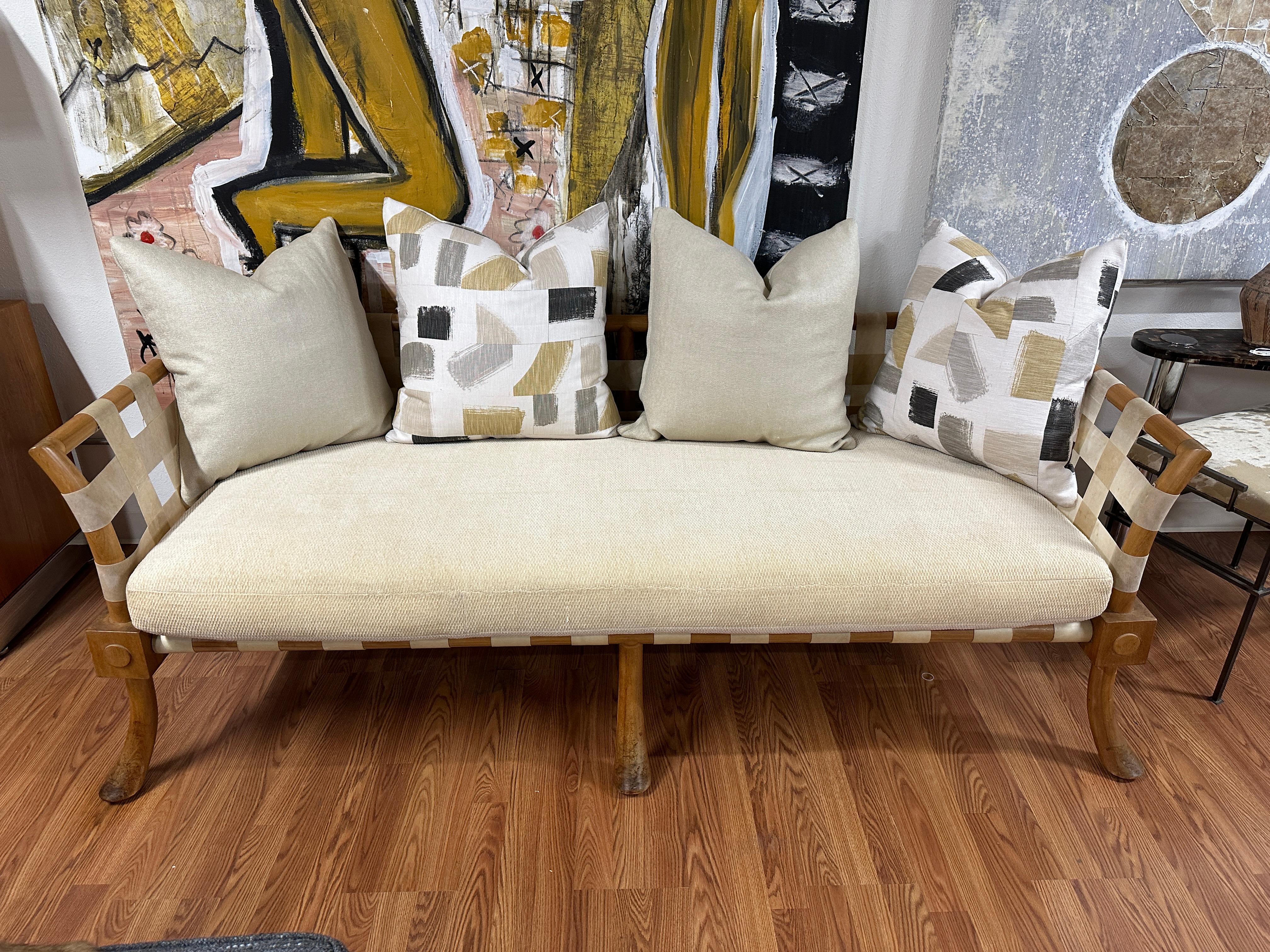 Rare T.H. Robsjohn Gibbings Bleached Walnut & Vellum Strap Sofa Settee In Good Condition For Sale In Palm Springs, CA