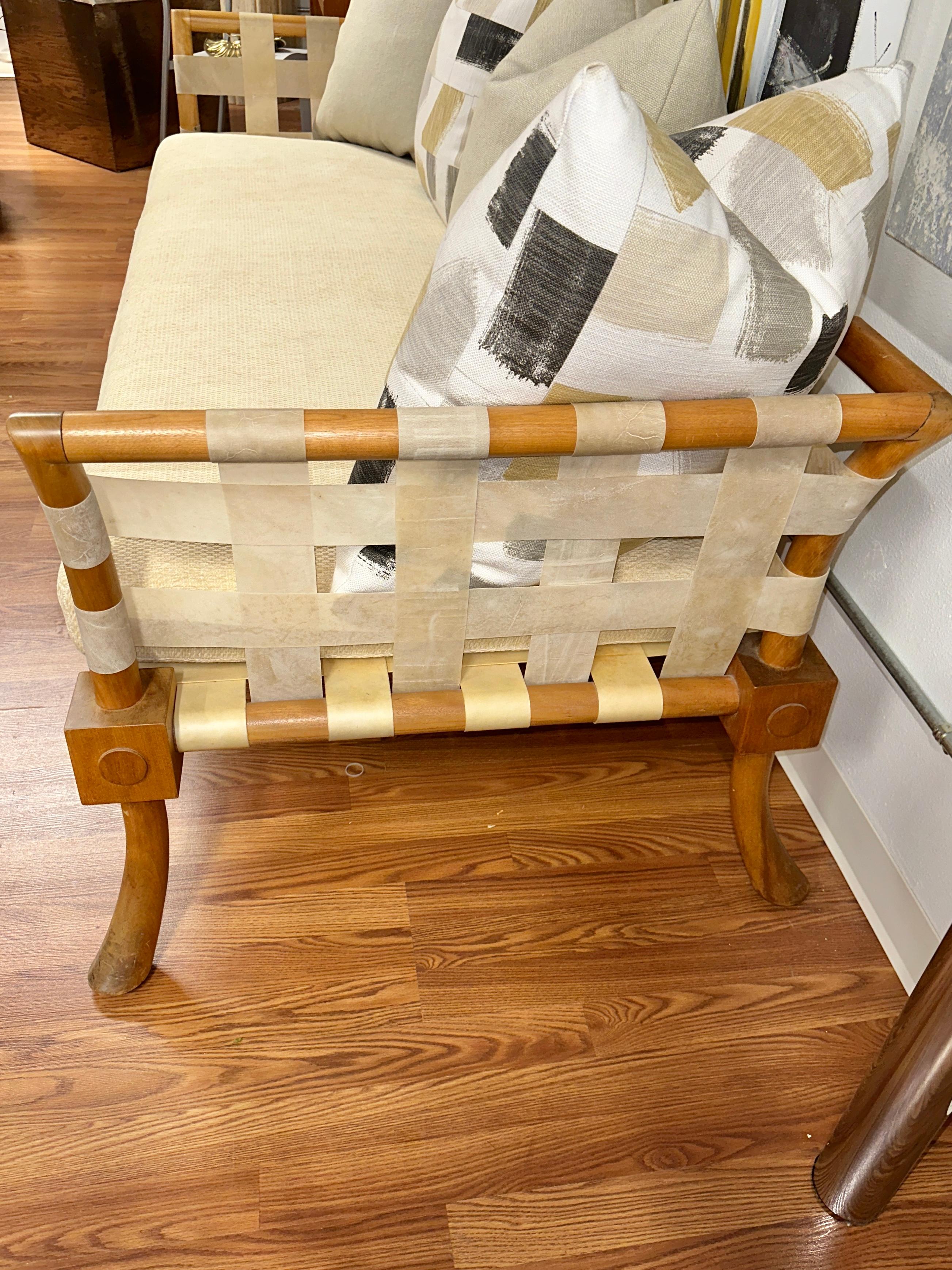 Mid-20th Century Rare T.H. Robsjohn Gibbings Bleached Walnut & Vellum Strap Sofa Settee For Sale