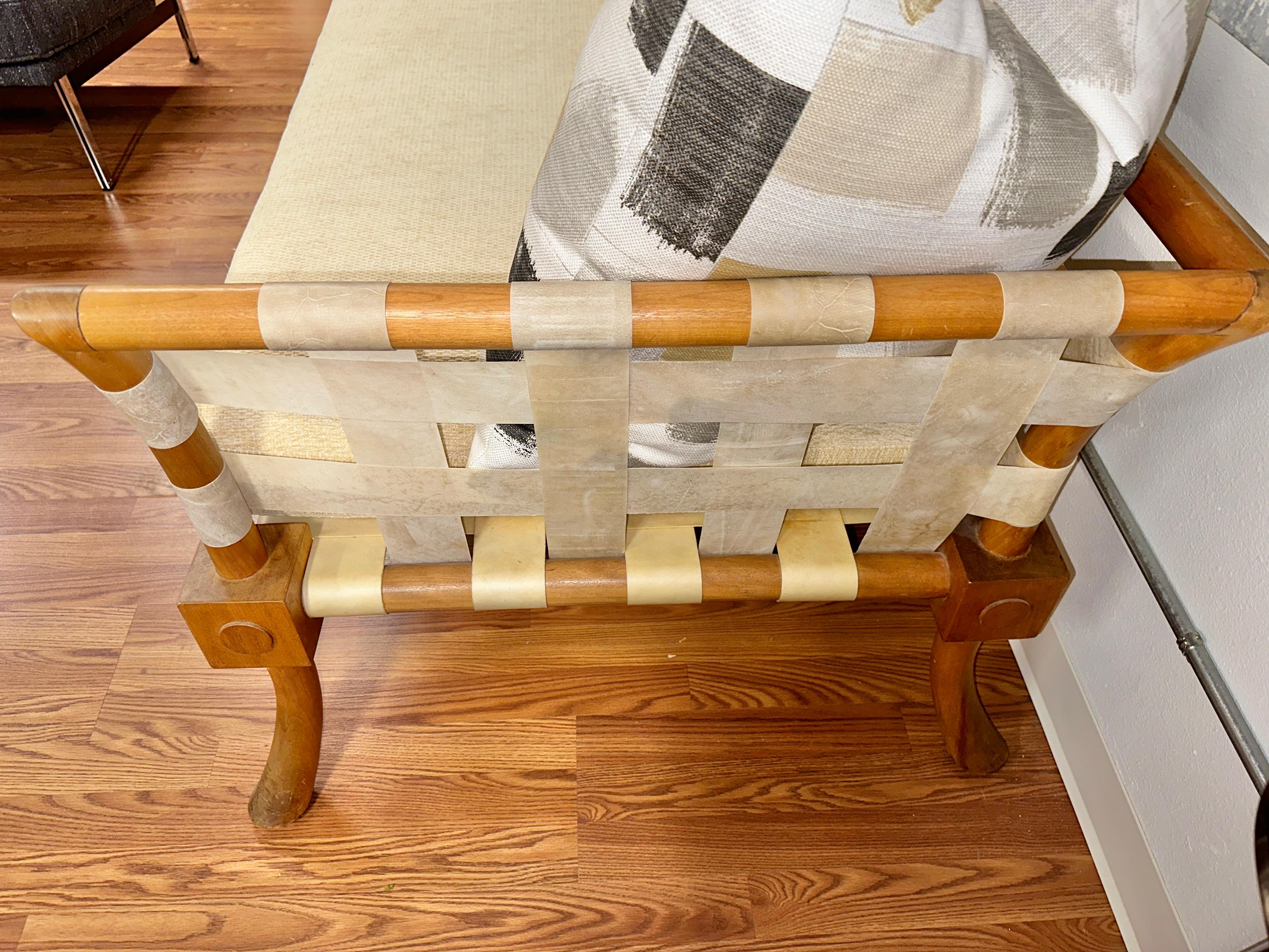 Rare T.H. Robsjohn Gibbings Bleached Walnut & Vellum Strap Sofa Settee For Sale 1