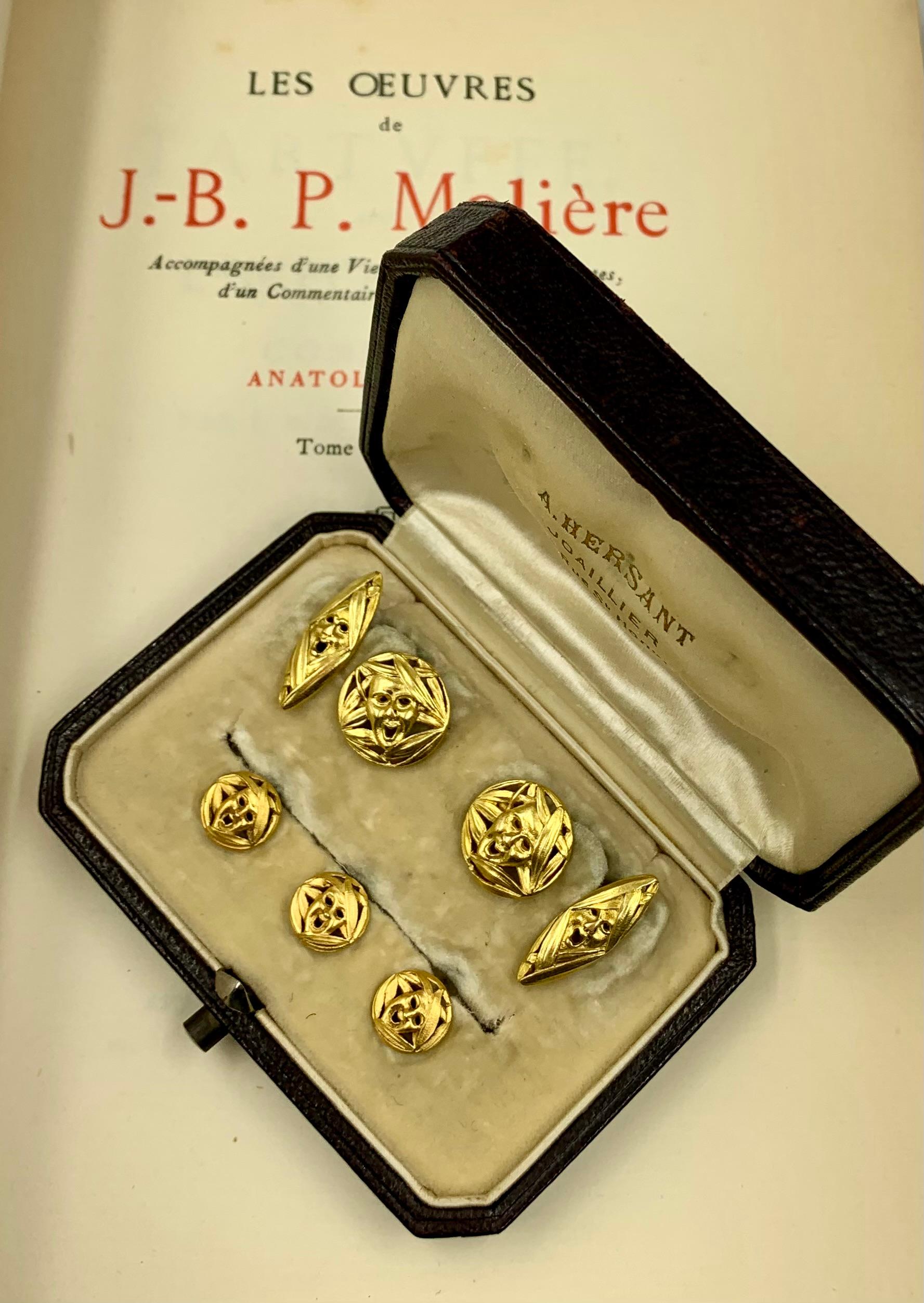Rare Theater Masks Antique French 18K Yellow Gold Cufflinks, Buttons Dress Set For Sale 5
