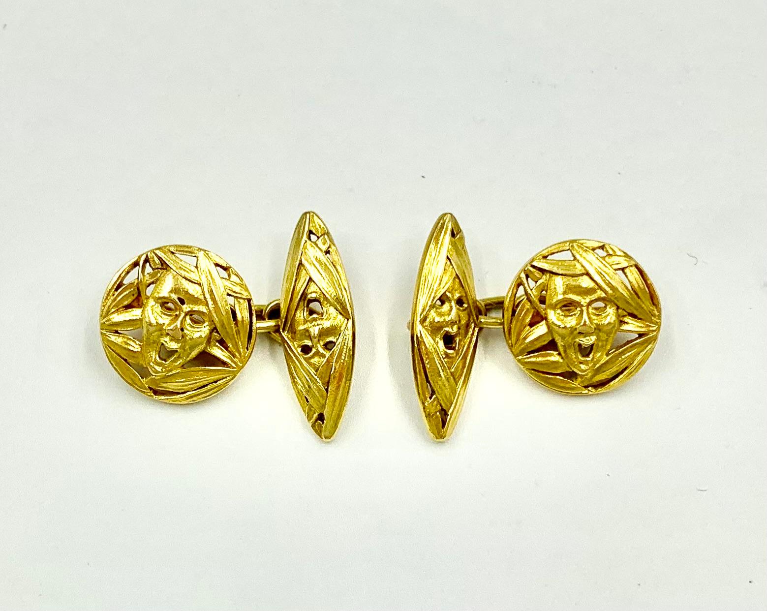 Rare Theater Masks Antique French 18K Yellow Gold Cufflinks, Buttons Dress Set For Sale 6