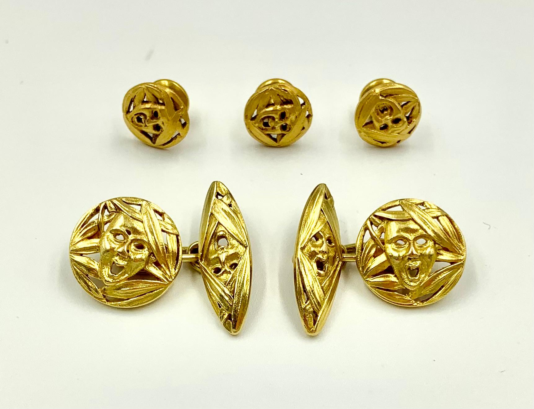 Rare Theater Masks Antique French 18K Yellow Gold Cufflinks, Buttons Dress Set For Sale 7