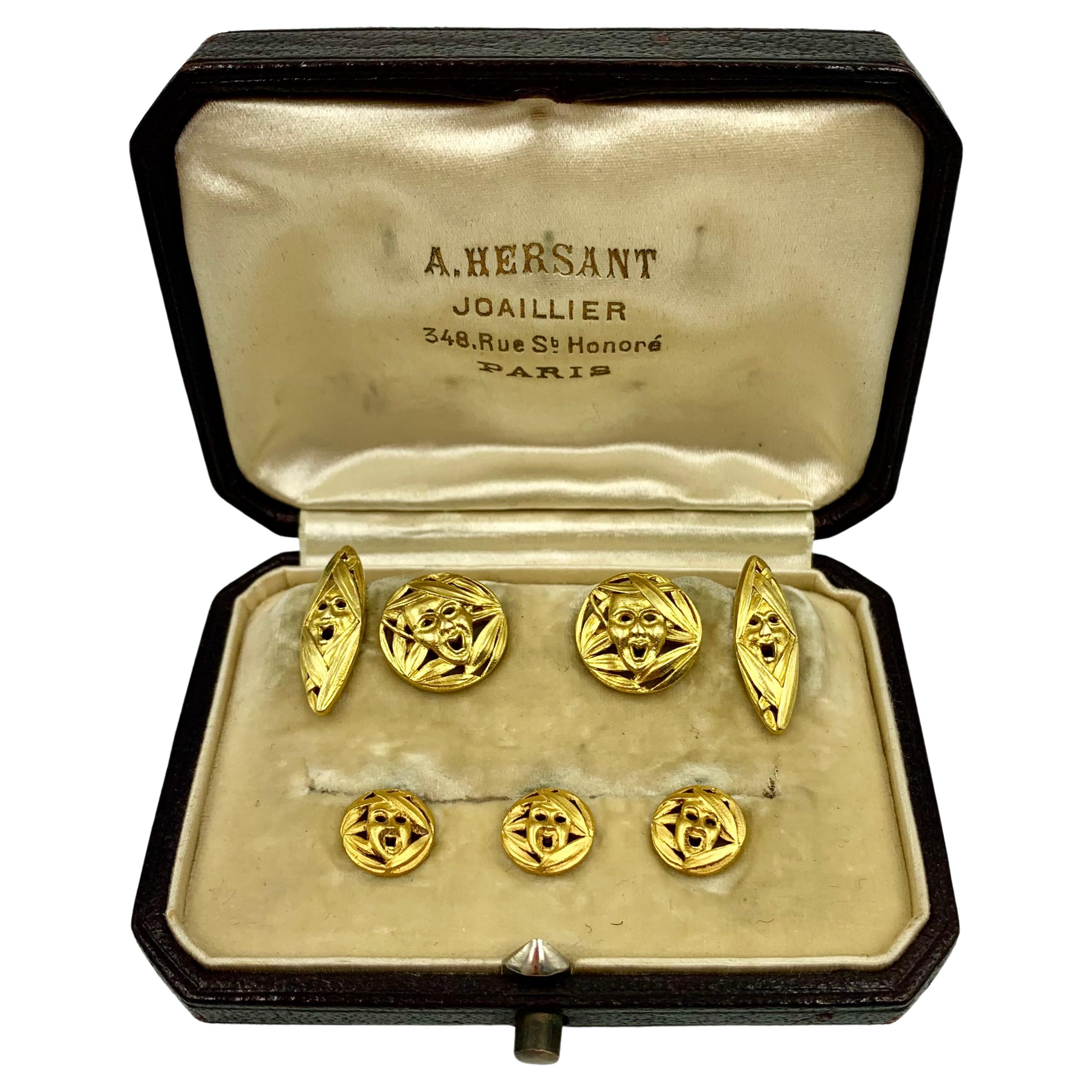 Art Nouveau Rare Theater Masks Antique French 18K Yellow Gold Cufflinks, Buttons Dress Set For Sale