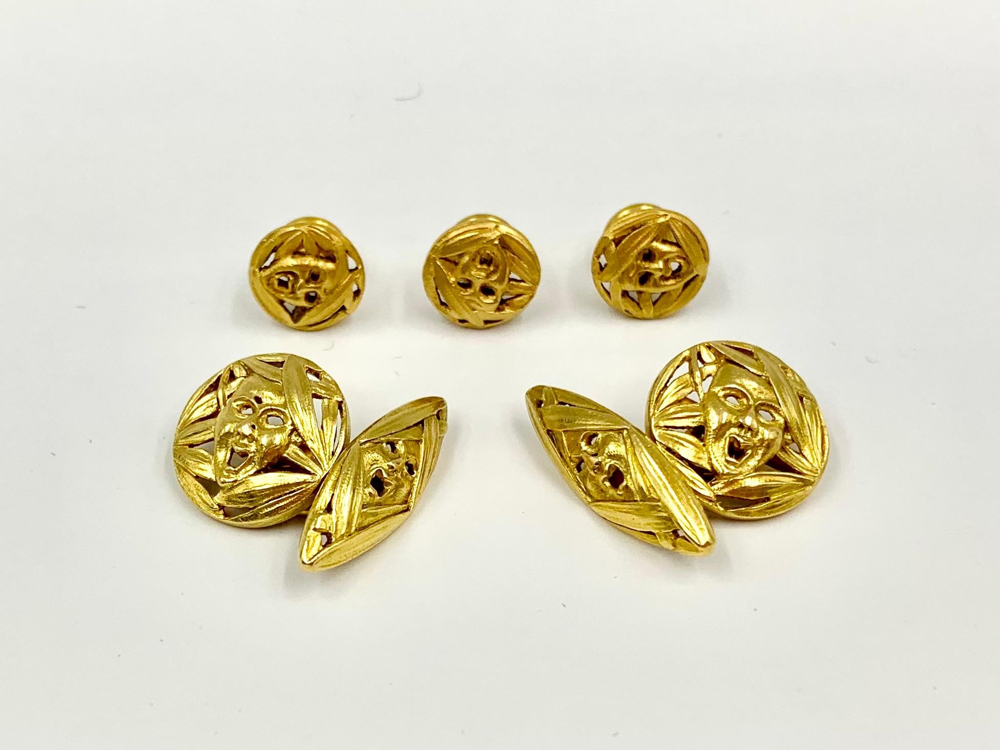 Rare Theater Masks Antique French 18K Yellow Gold Cufflinks, Buttons Dress Set In Good Condition For Sale In New York, NY