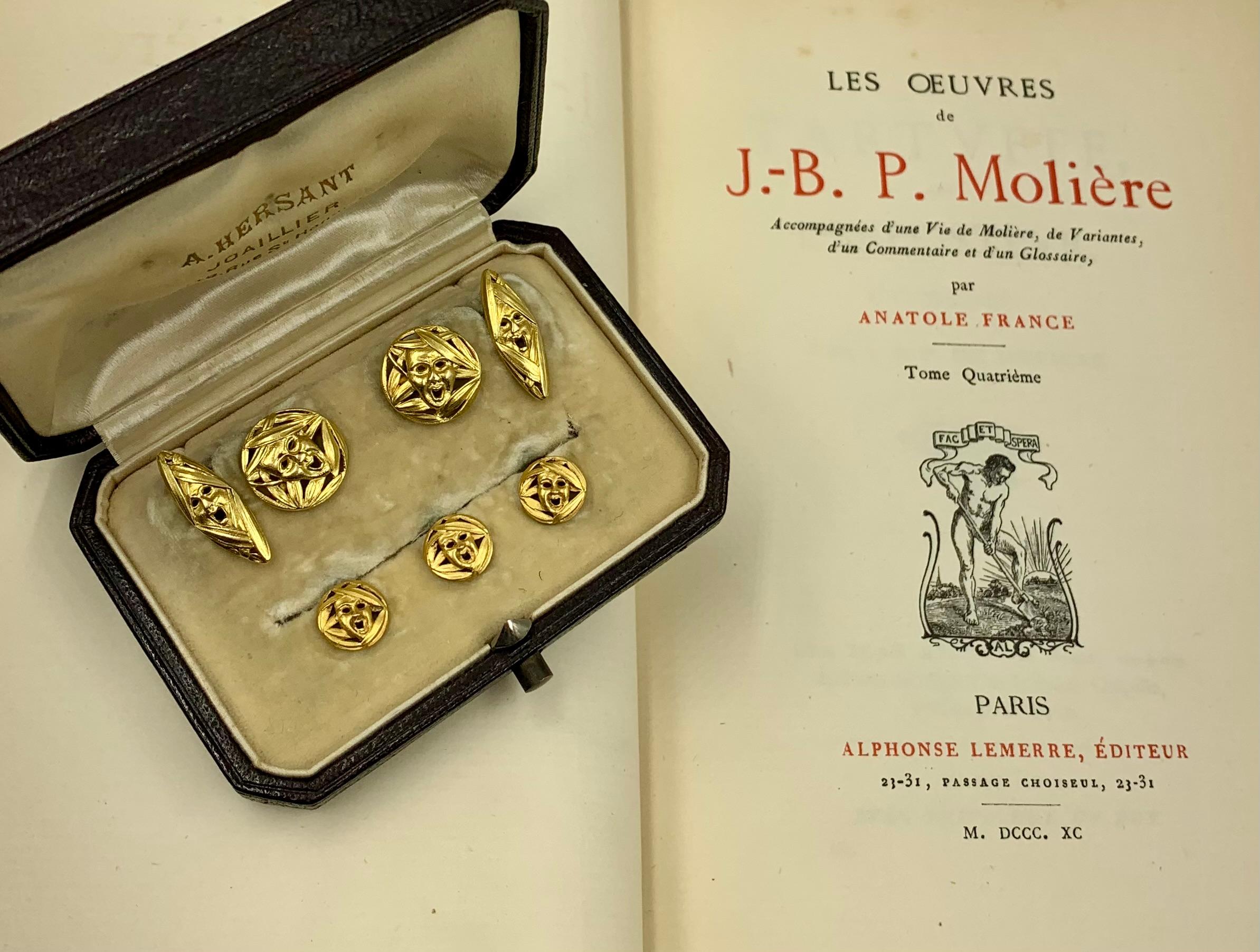 Rare Theater Masks Antique French 18K Yellow Gold Cufflinks, Buttons Dress Set For Sale 4