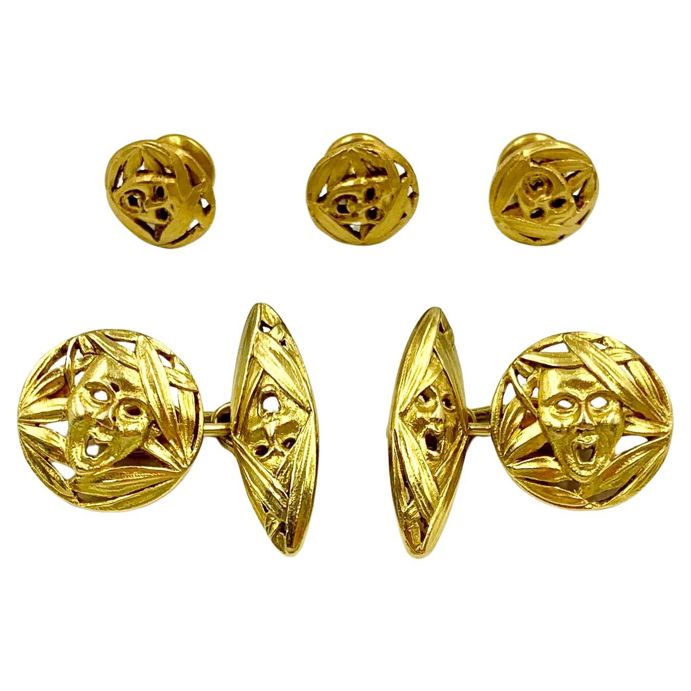 Rare Theater Masks Antique French 18K Yellow Gold Cufflinks, Buttons Dress Set For Sale