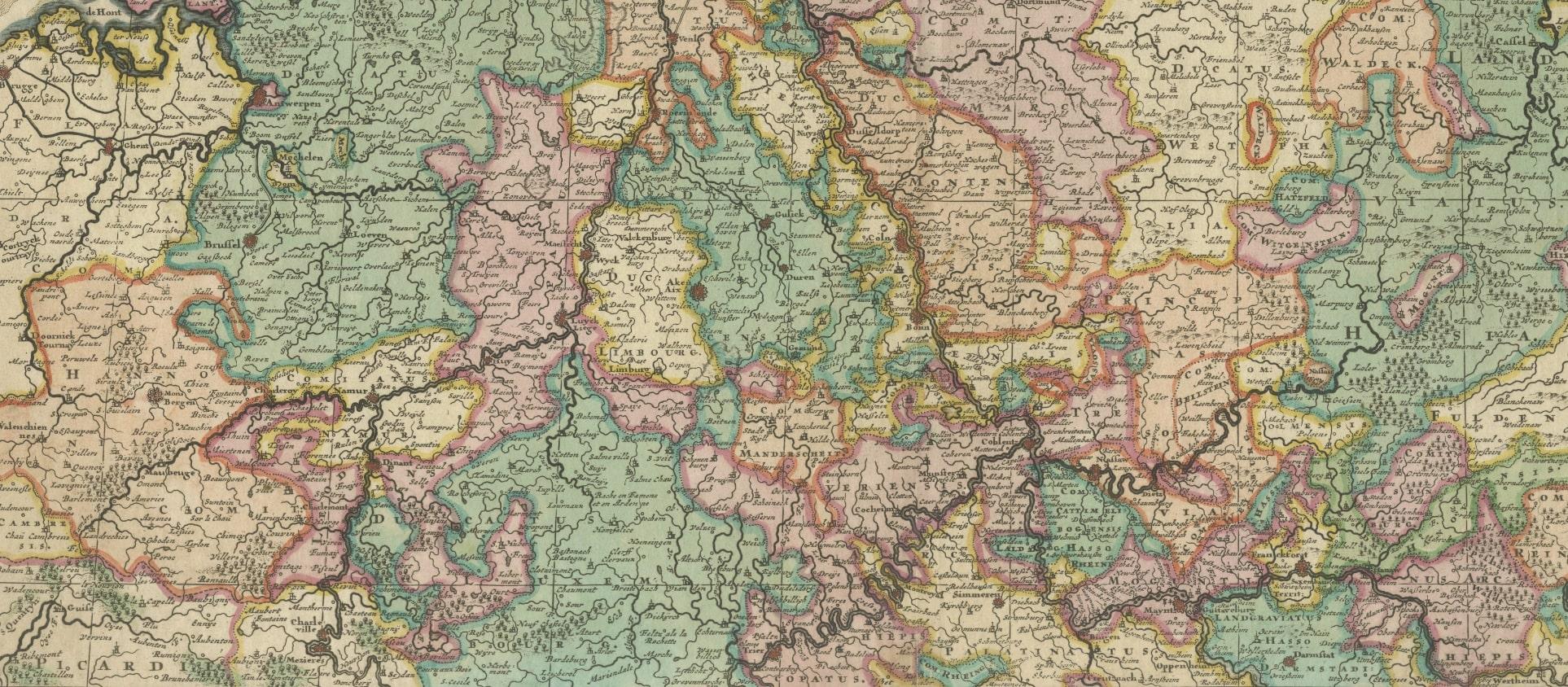 Gravé Rare carte de Theodore Danckerts des régions du Rhin inférieur et de la rivière Moselle en vente