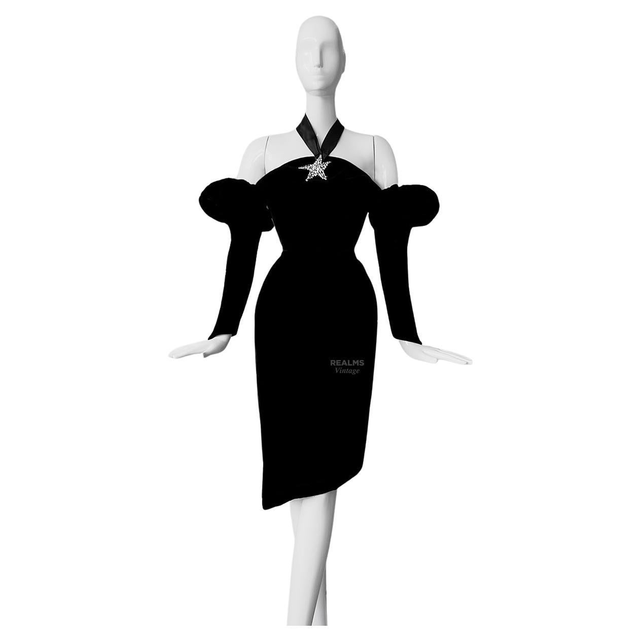 Rare Thierry Mugler Black Velvet Archival Evening Dress Dramatic Glamour For Sale