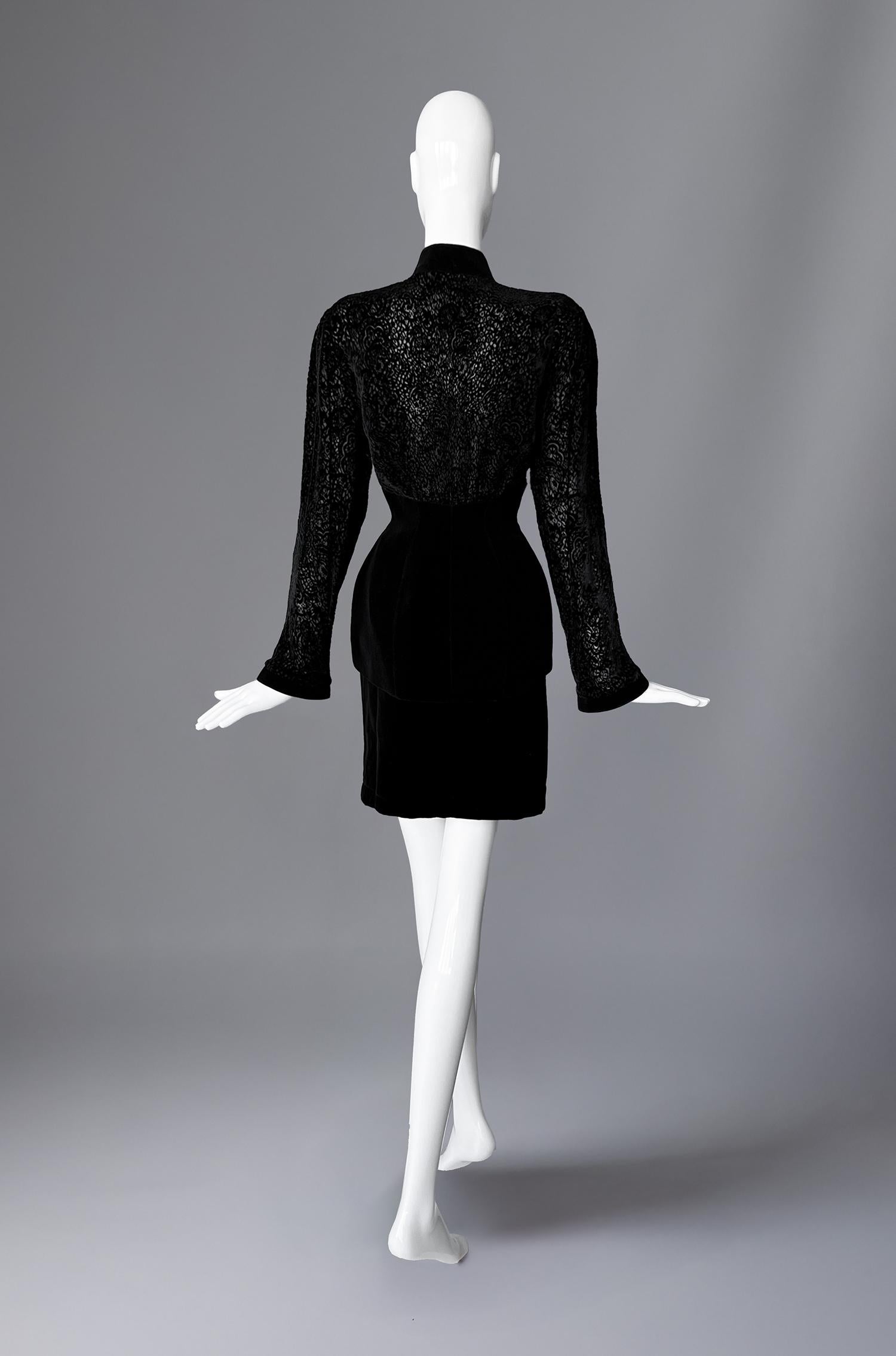 Rare Thierry Mugler Devoré Silk Ensemble Beautiful Black Skirt Suit For Sale 1