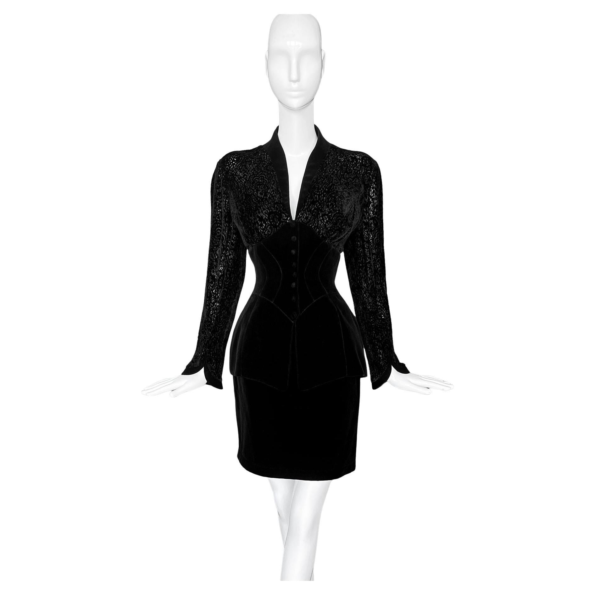 Rare Thierry Mugler Devoré Silk Ensemble Beautiful Black Skirt Suit For Sale