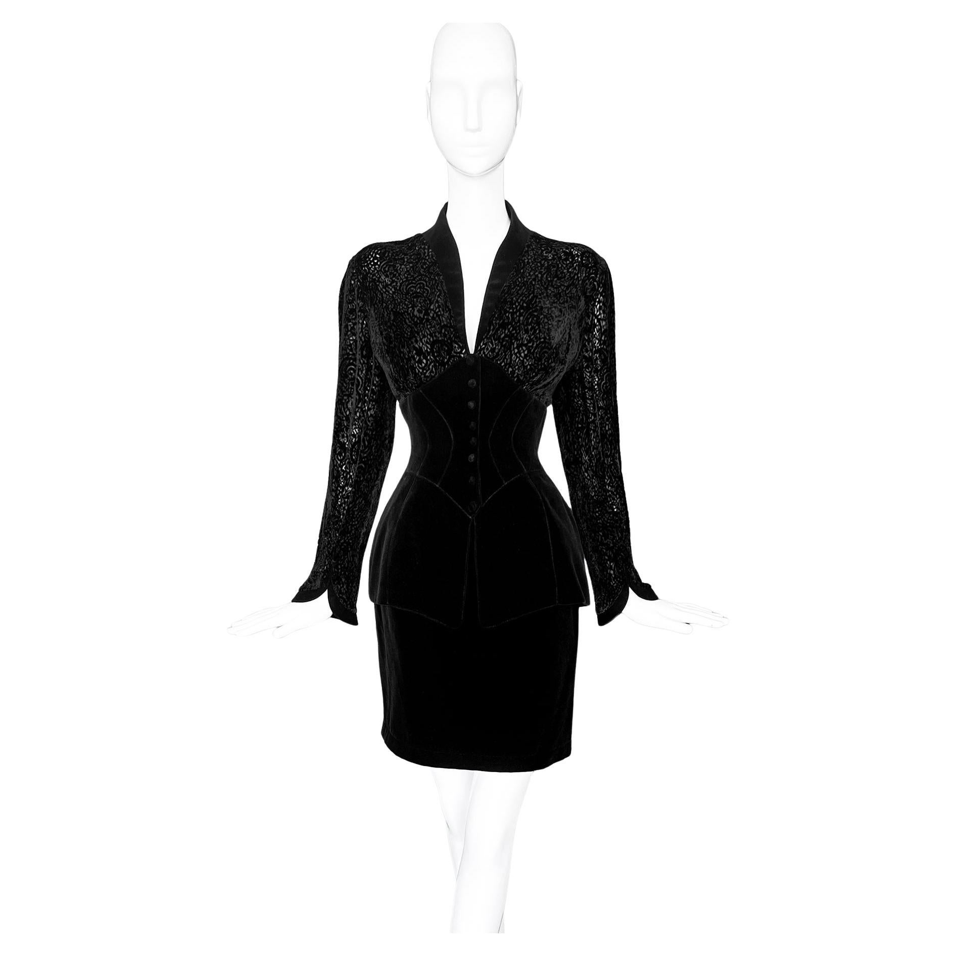 Raro Conjunto de Seda Thierry Mugler Devoré Precioso Traje de Falda Negro