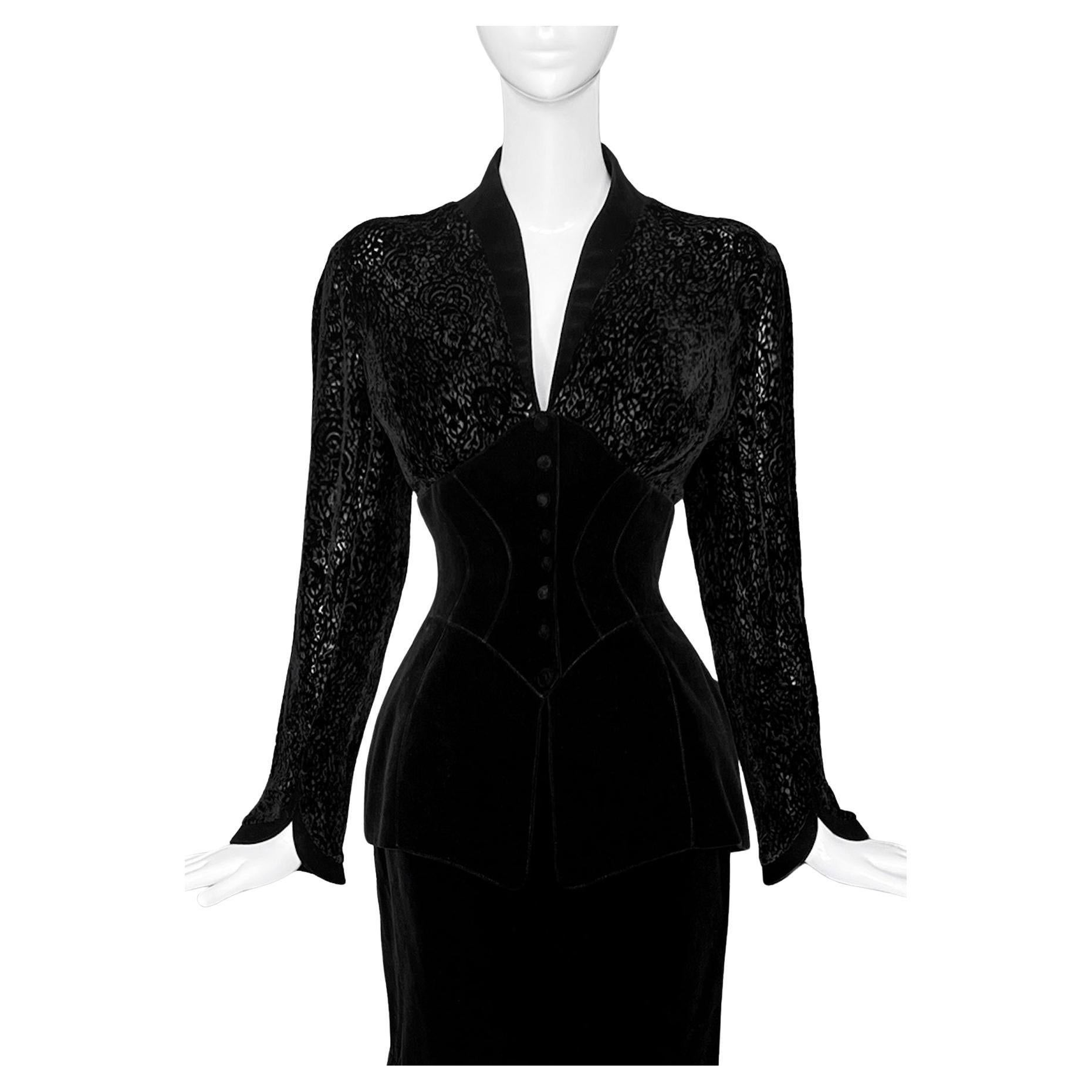 Raro ensemble di seta Thierry Mugler Devoré Bellissimo abito con gonna nera