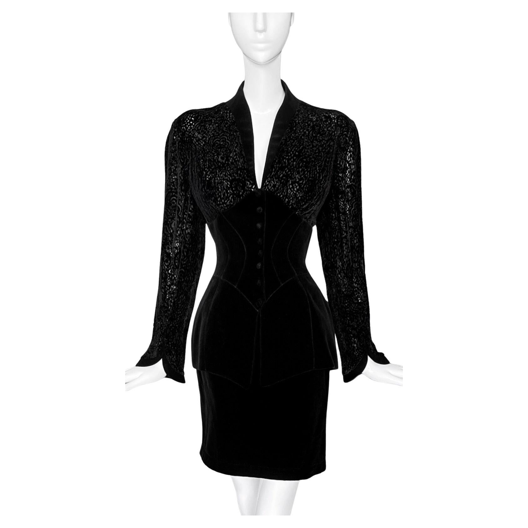 Raro ensemble di seta Thierry Mugler Devoré Bellissimo abito con gonna nera