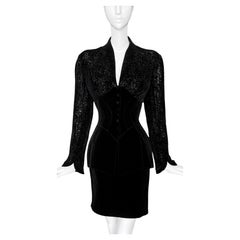 Raro ensemble di seta Thierry Mugler Devoré Bellissimo abito con gonna nera