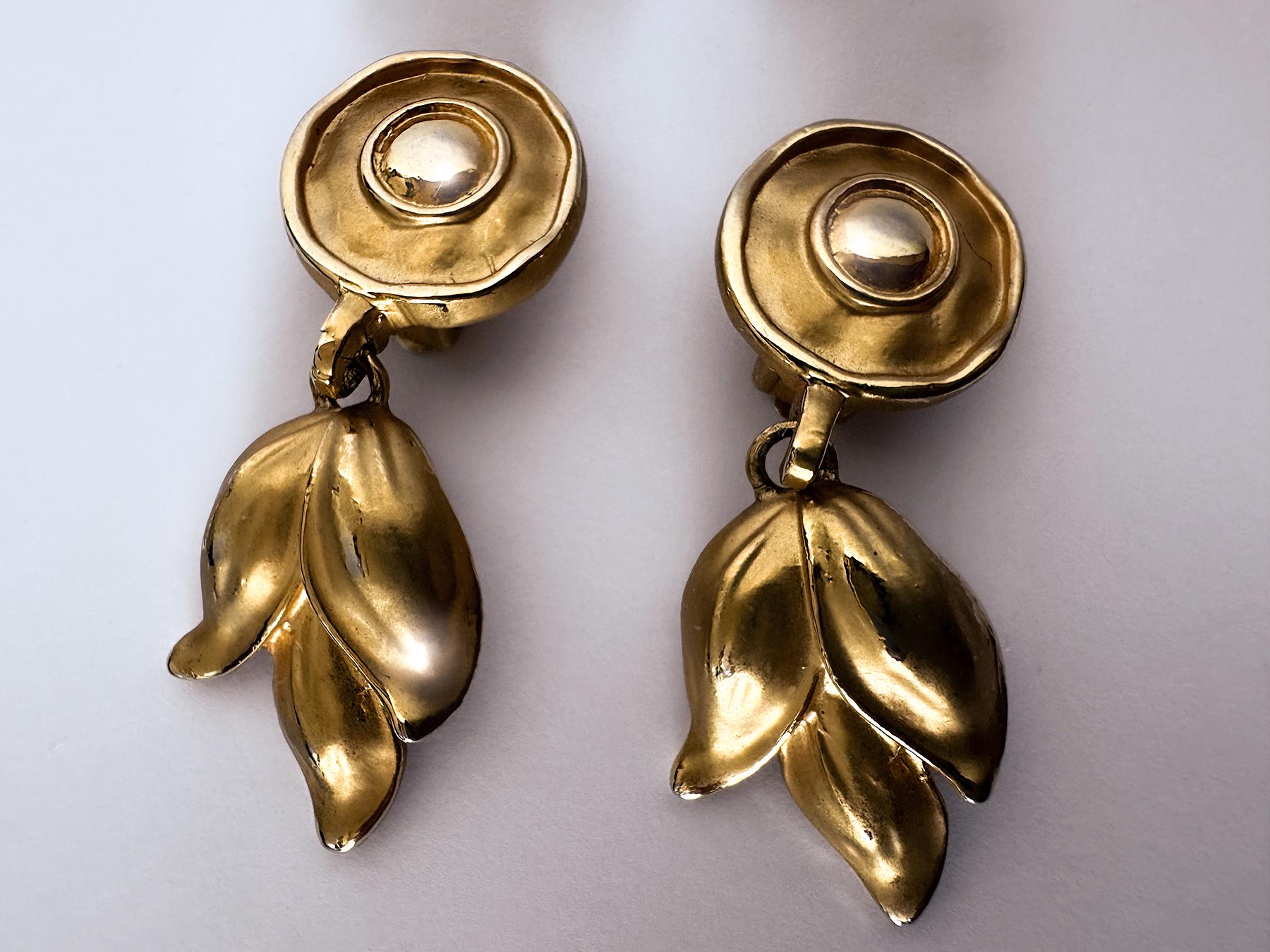 Women's Rare Thierry Mugler Earrings Gold Metal Celestial Leaves For Sale