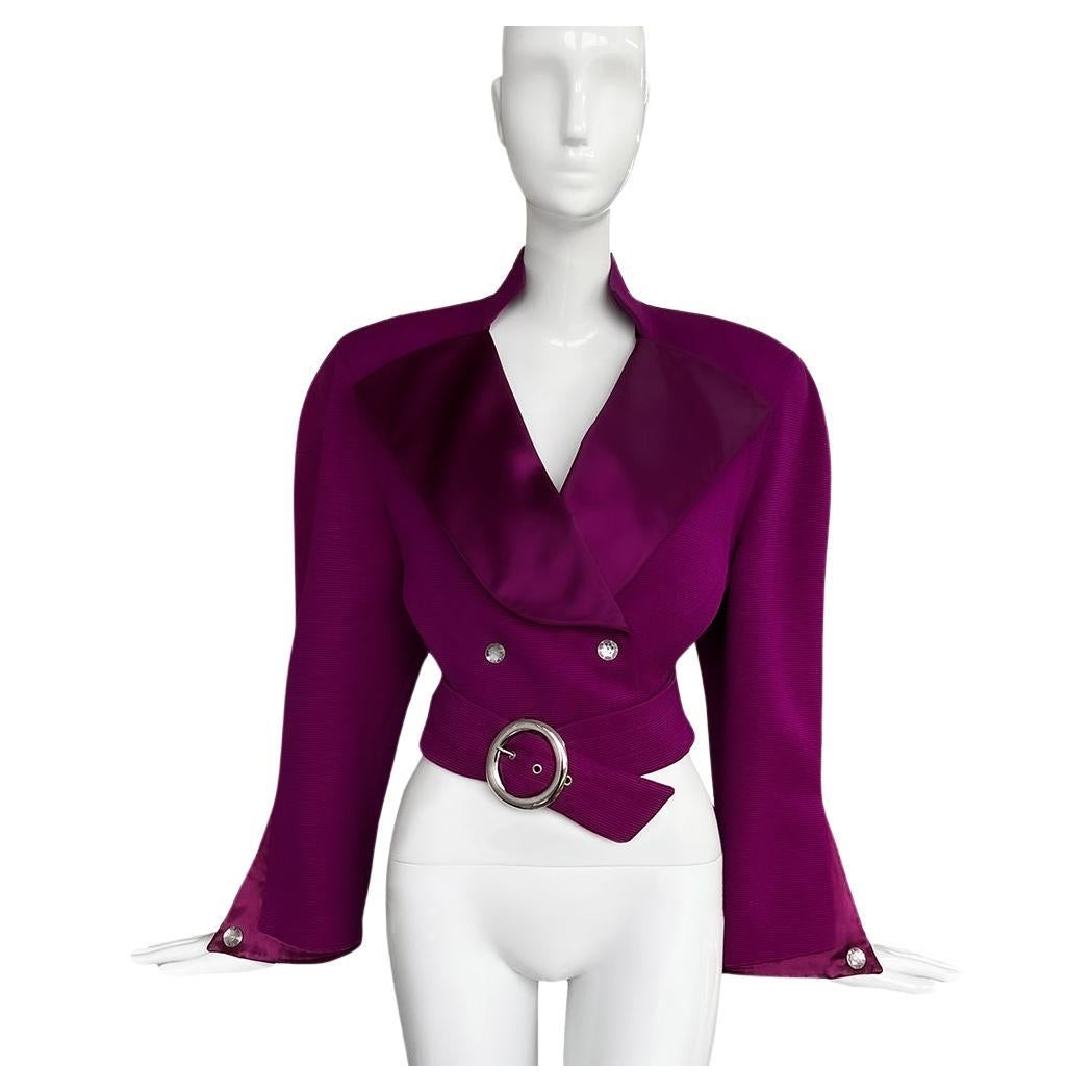 Rare Thierry Mugler FW 1985 Fabulous Dramatic Jacket Collar Belt Purple Lilac For Sale