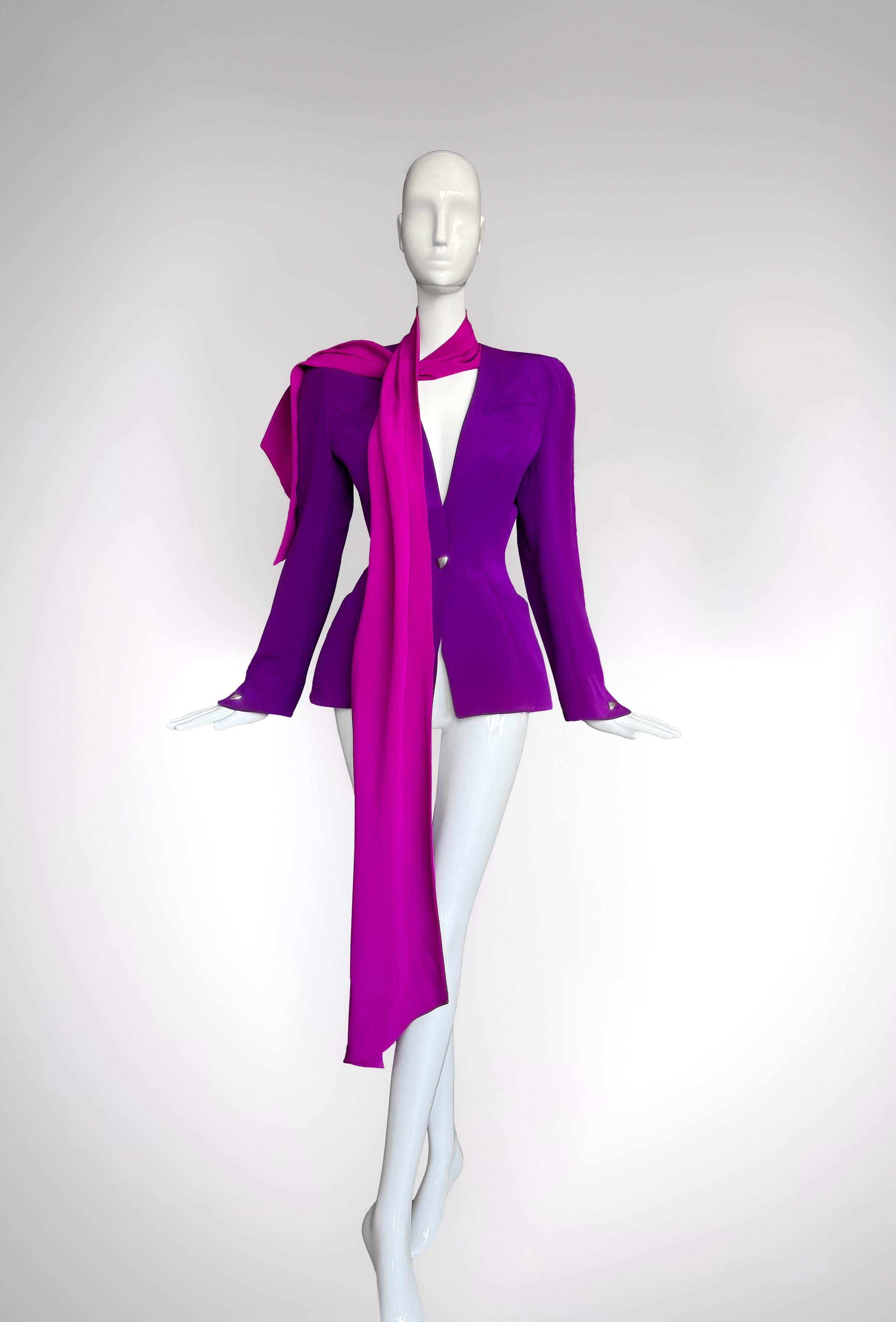 Rare Thierry Mugler FW 2001 Bombshell Silk Runway Jacket with Scarf For Sale 7