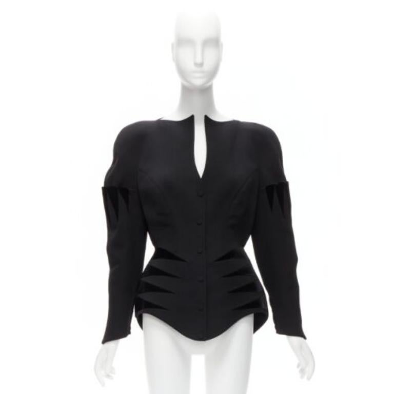 raro Thierry Mugler Giacca peplo in velluto geometrico di lana nera vintage  IT40 S in vendita 5