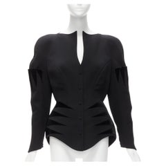rare THIERRY MUGLER Vintage black wool geometric velvet peplum jacket  IT40 S