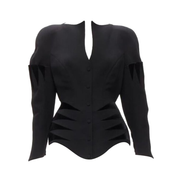 rara THIERRY MUGLER Vintage chaqueta peplum de terciopelo geométrico de lana negra  IT40 S
