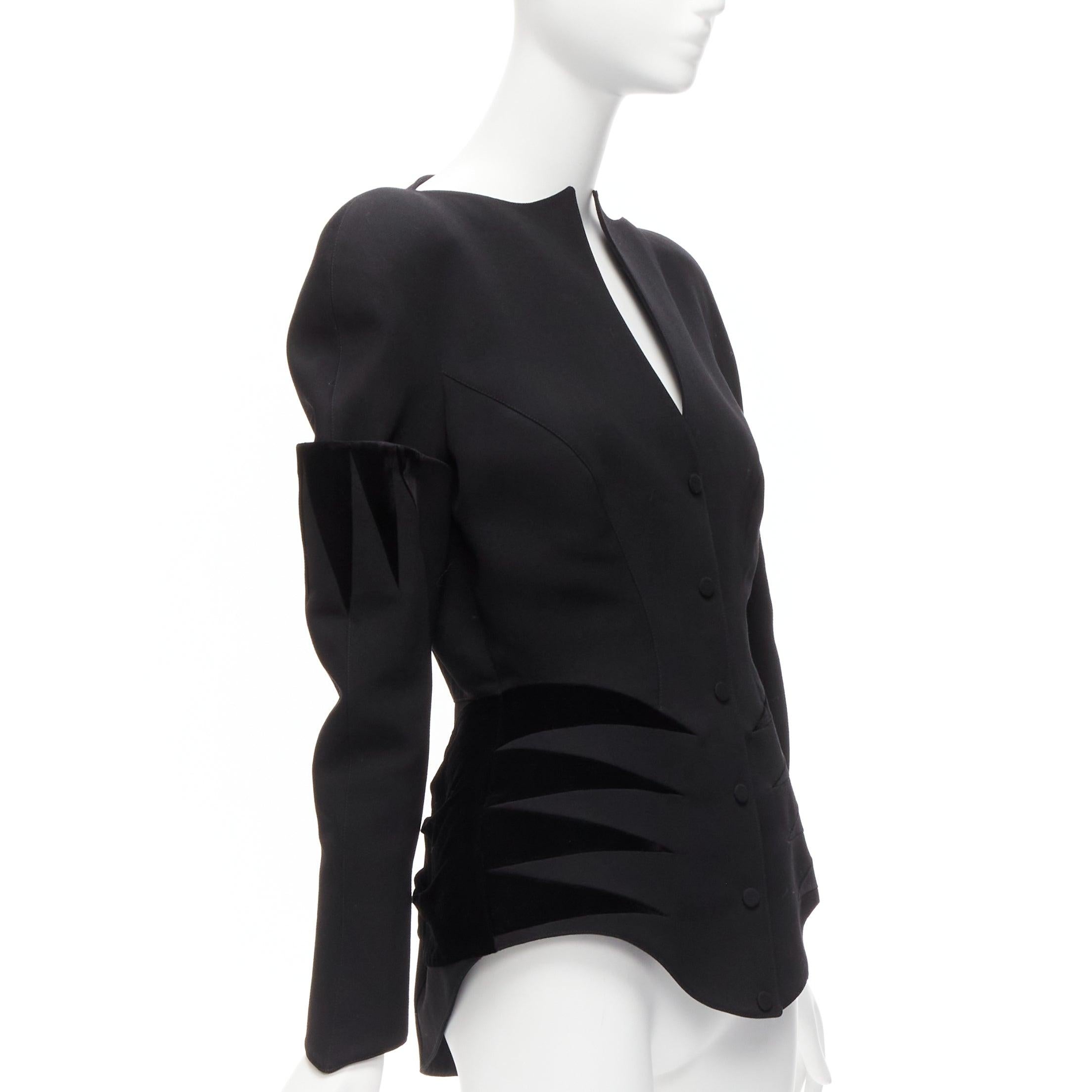 rare THIERRY MUGLER Vintage combed wool geometric velvet peplum jacket IT40 S In Excellent Condition For Sale In Hong Kong, NT