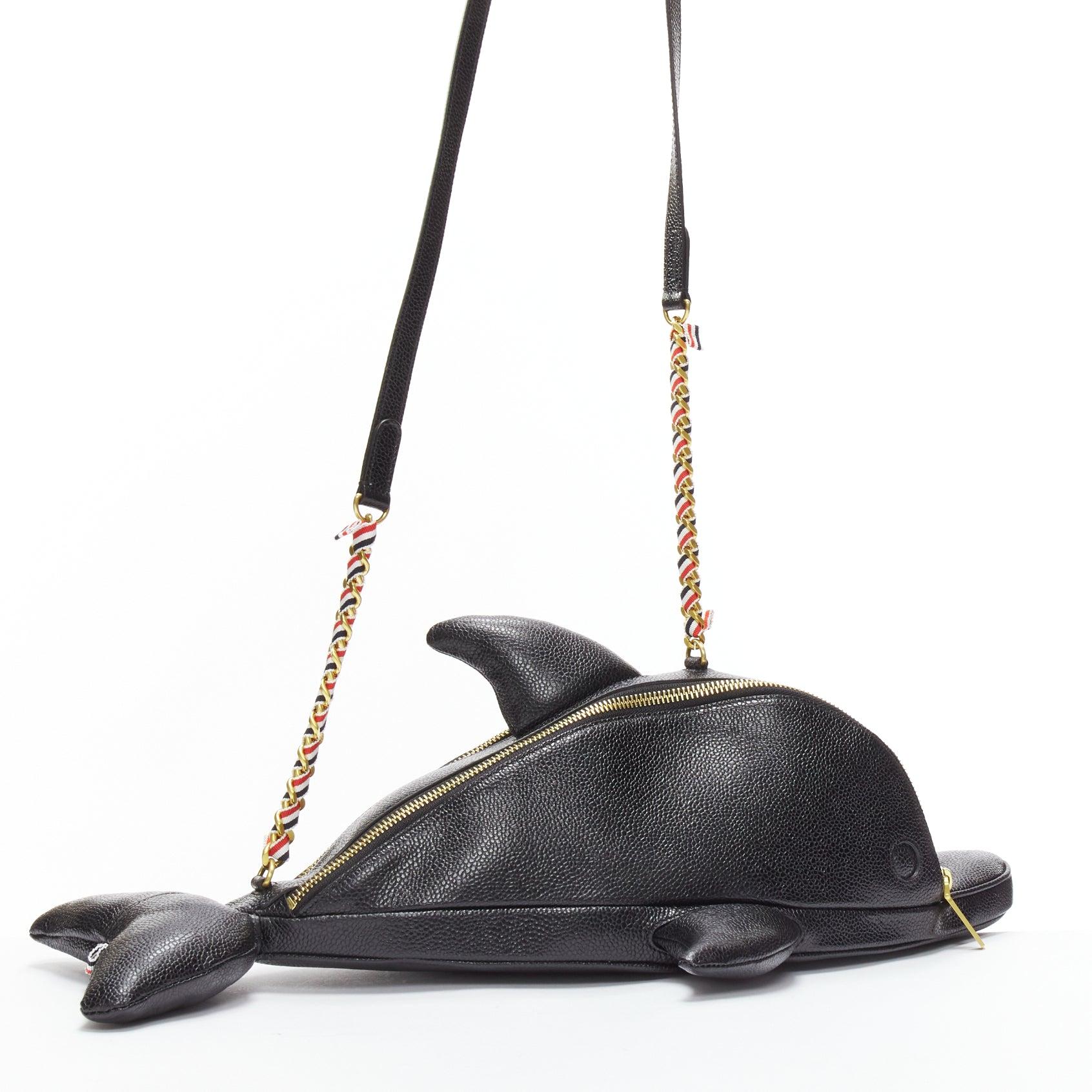 Black rare THOM BROWNE Mini Dolphin black pebbled leather crossbody bag For Sale