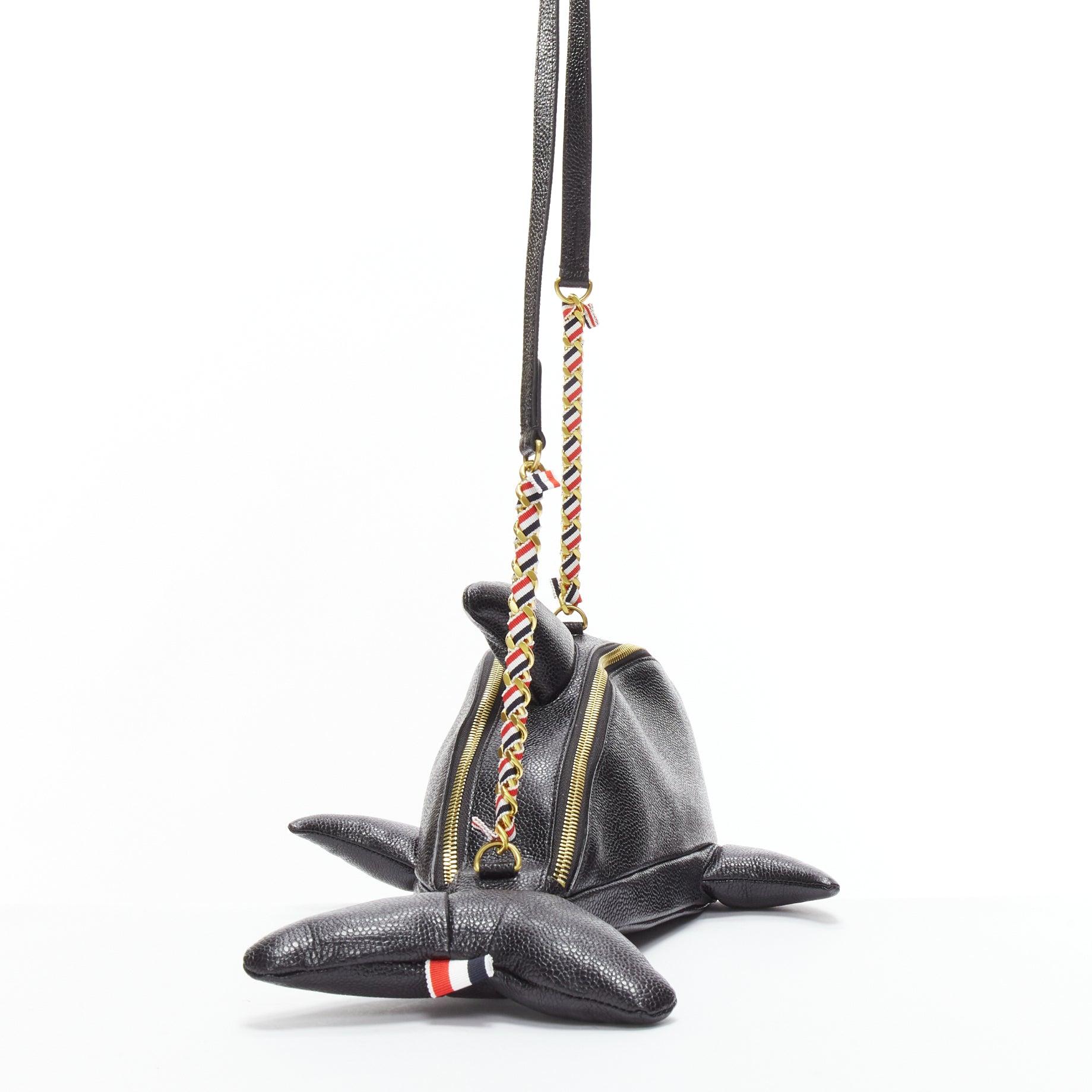 rare THOM BROWNE Mini Dolphin black pebbled leather crossbody bag In New Condition For Sale In Hong Kong, NT