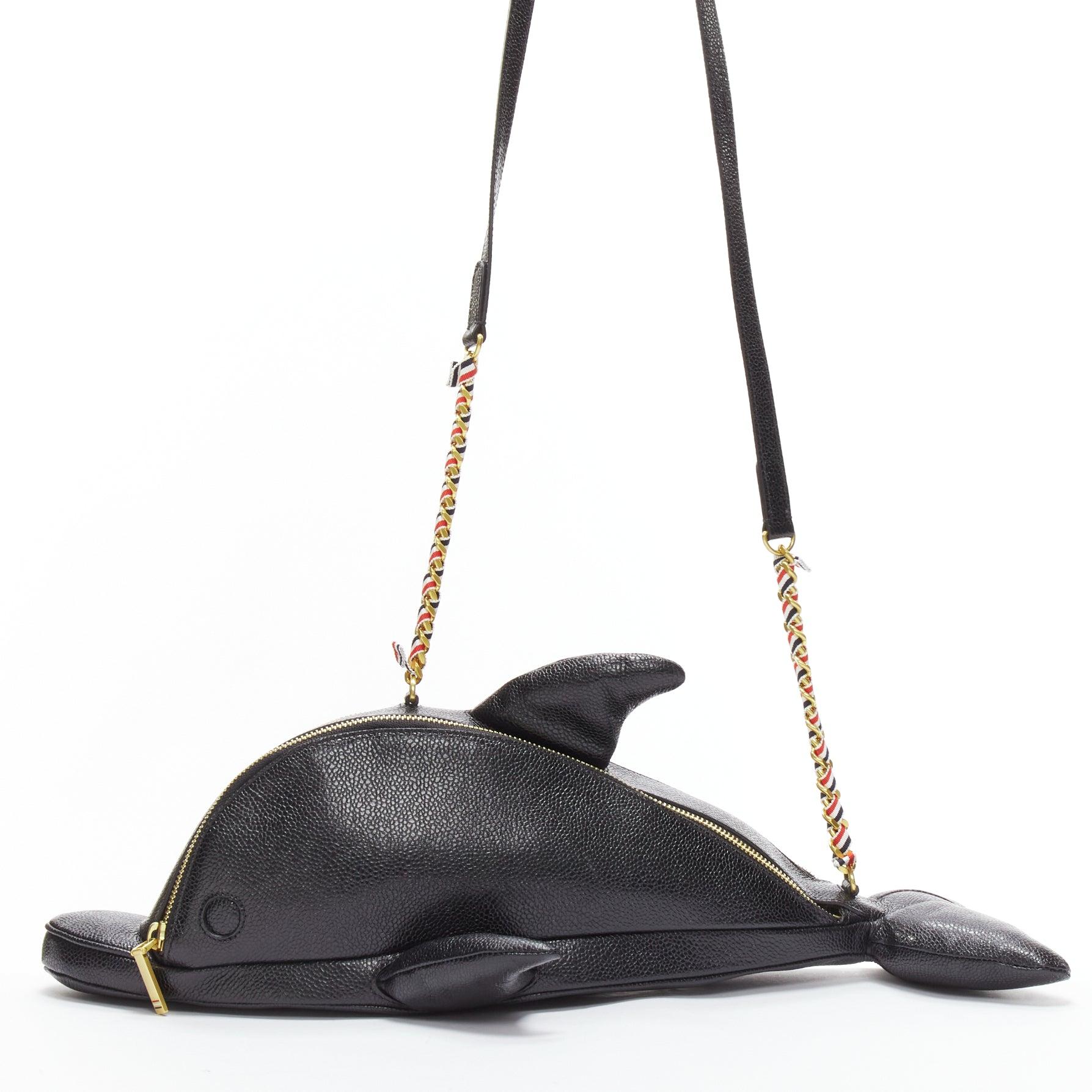 Women's rare THOM BROWNE Mini Dolphin black pebbled leather crossbody bag For Sale